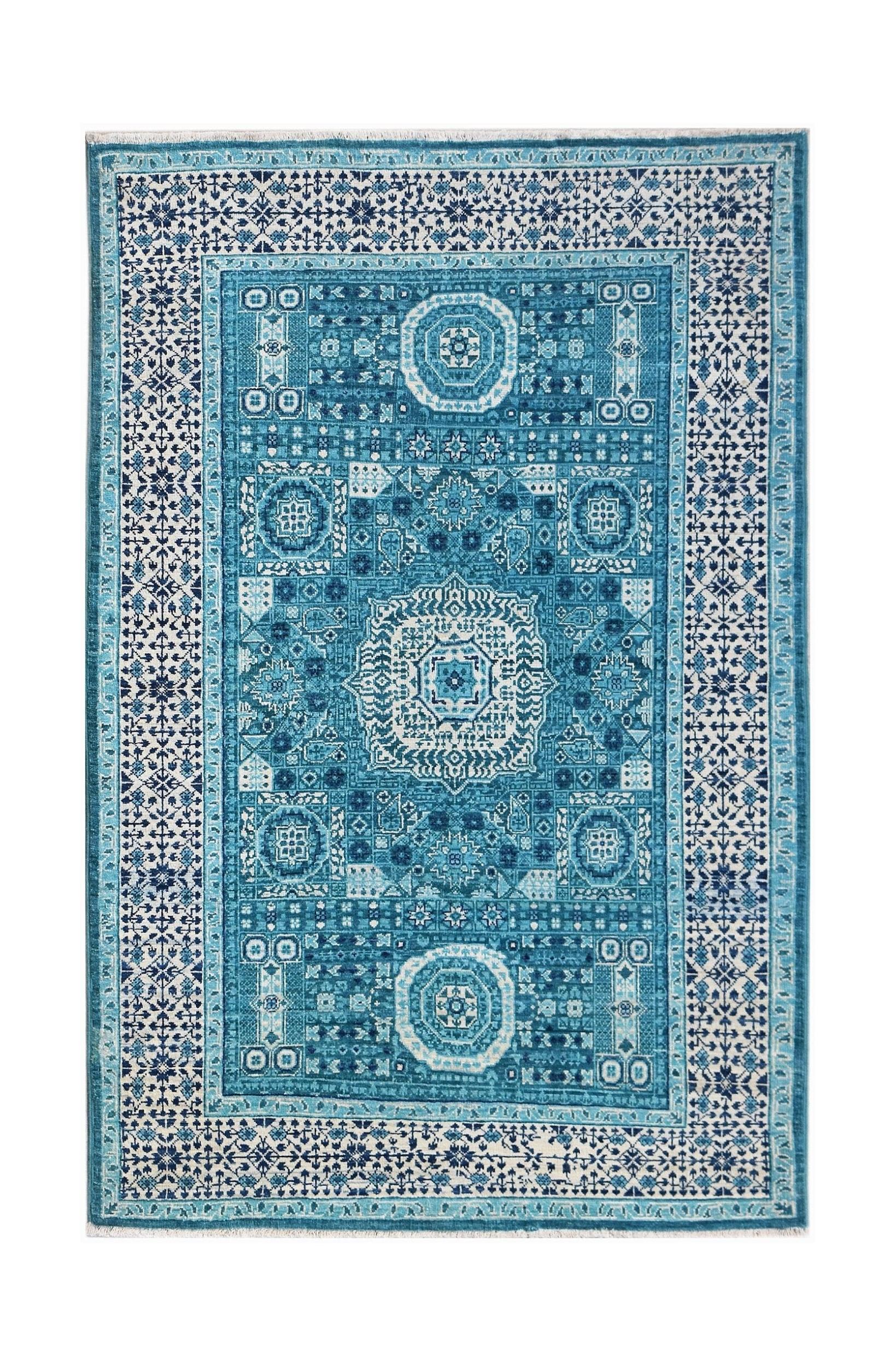 Handwoven Afghan Balkh rug featuring a detailed blue and white Mamluk medallion pattern.