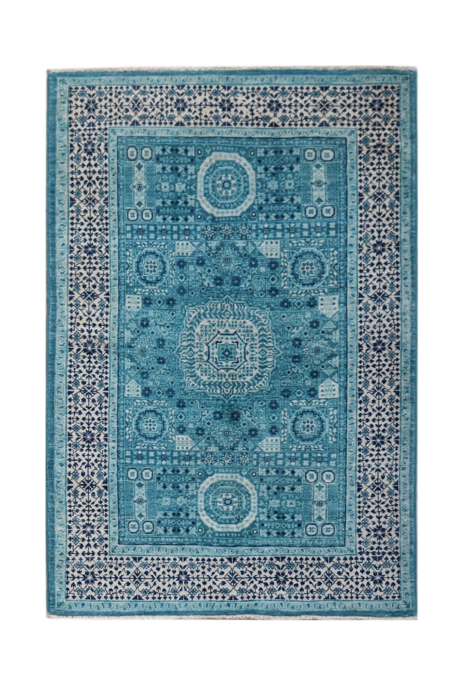 A rectangular Afghan Chobi rug featuring a detailed blue and cream Mamluk medallion pattern.