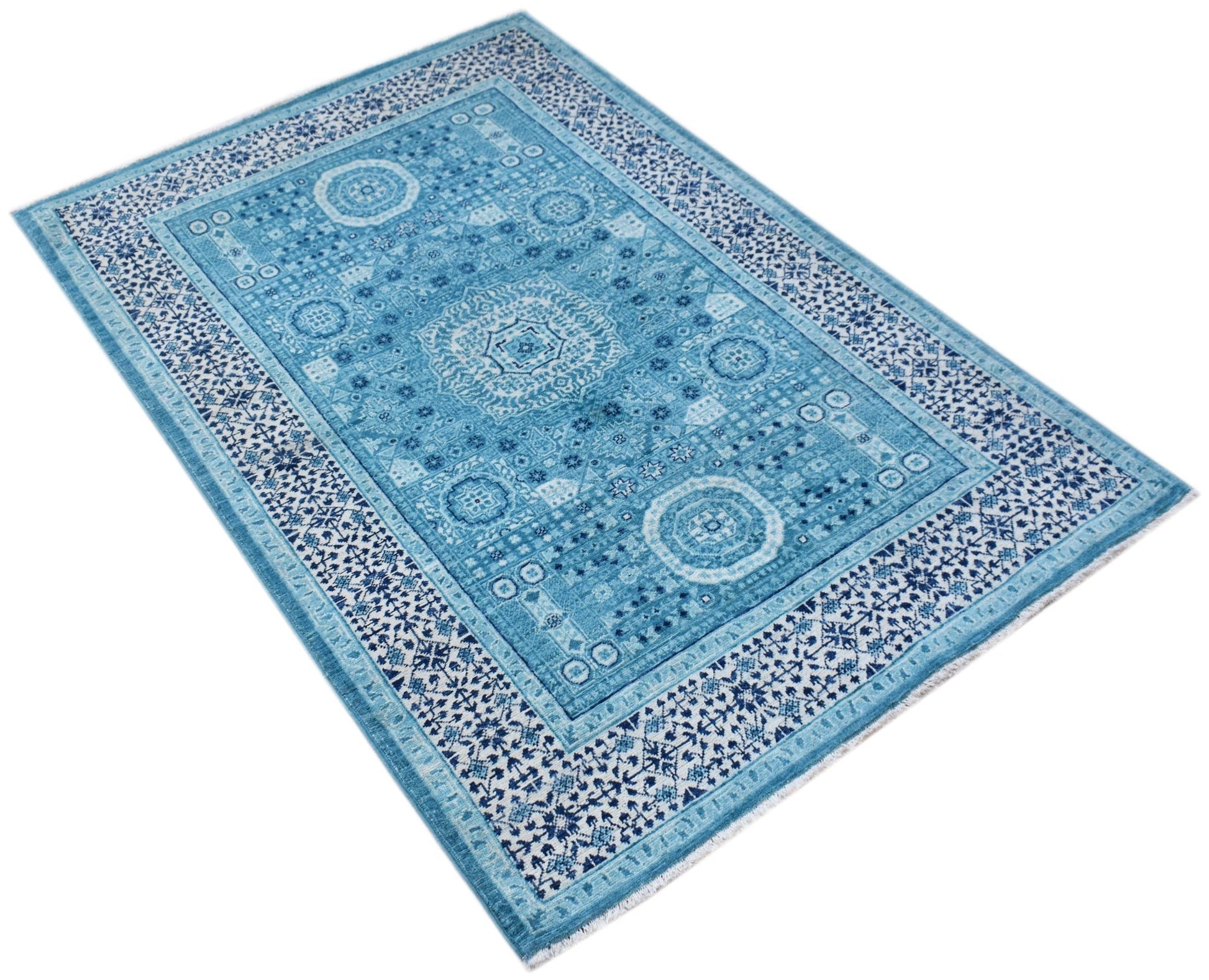 A rectangular Afghan Chobi rug featuring a detailed blue and white Mamluk medallion pattern.