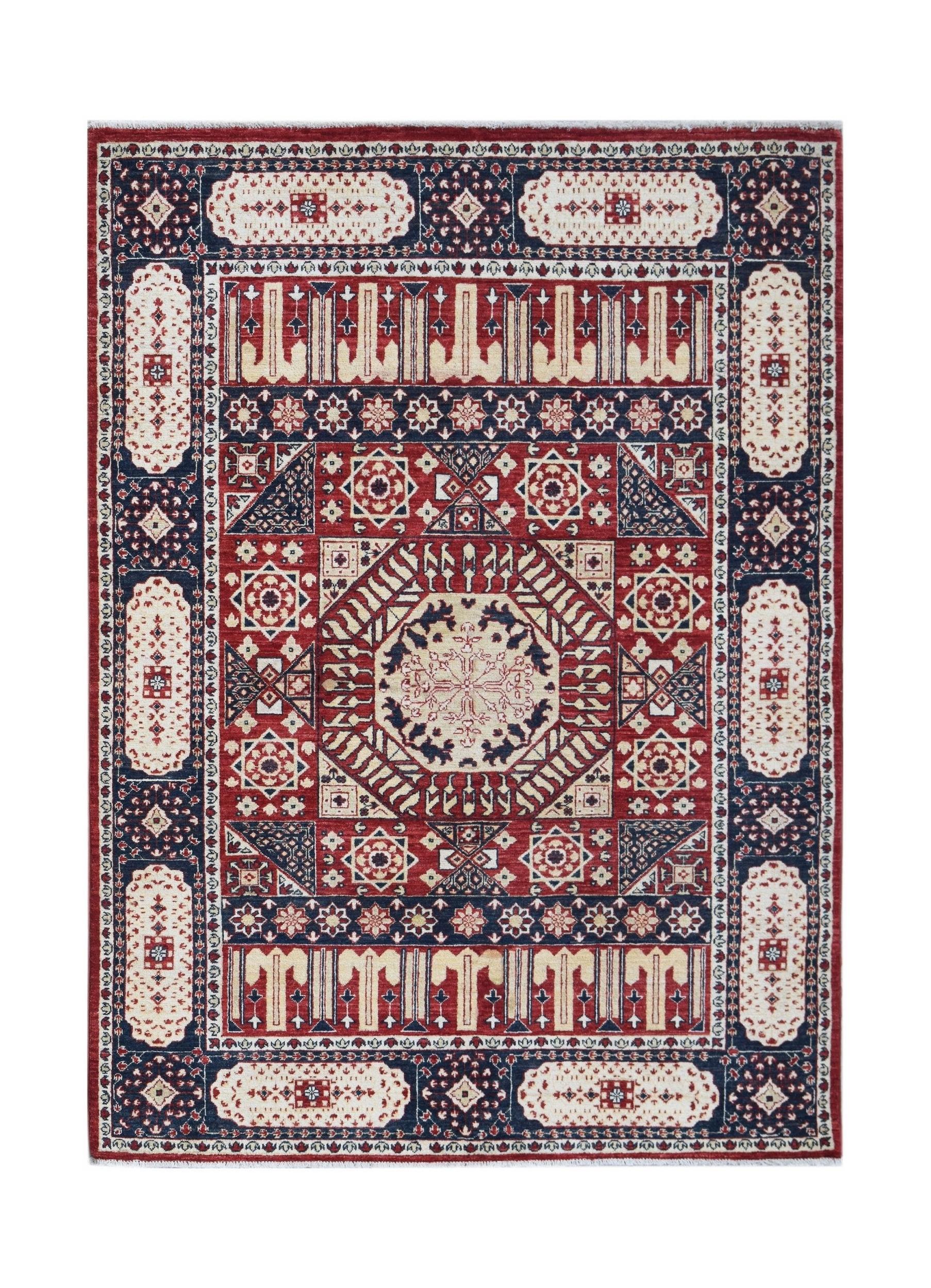 A rectangular handmade Afghan Chobi rug featuring a traditional red and blue Mamluk medallion design.
