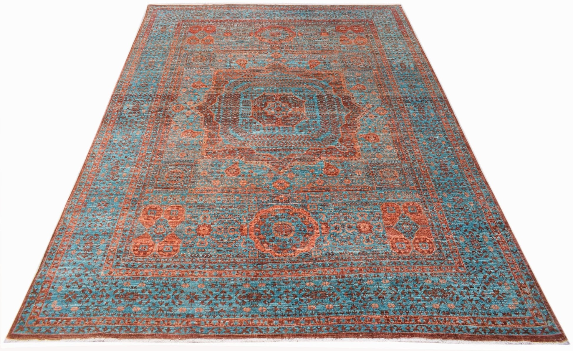 A rectangular Afghan Chobi rug featuring a detailed Mamluk medallion pattern in teal and rust.