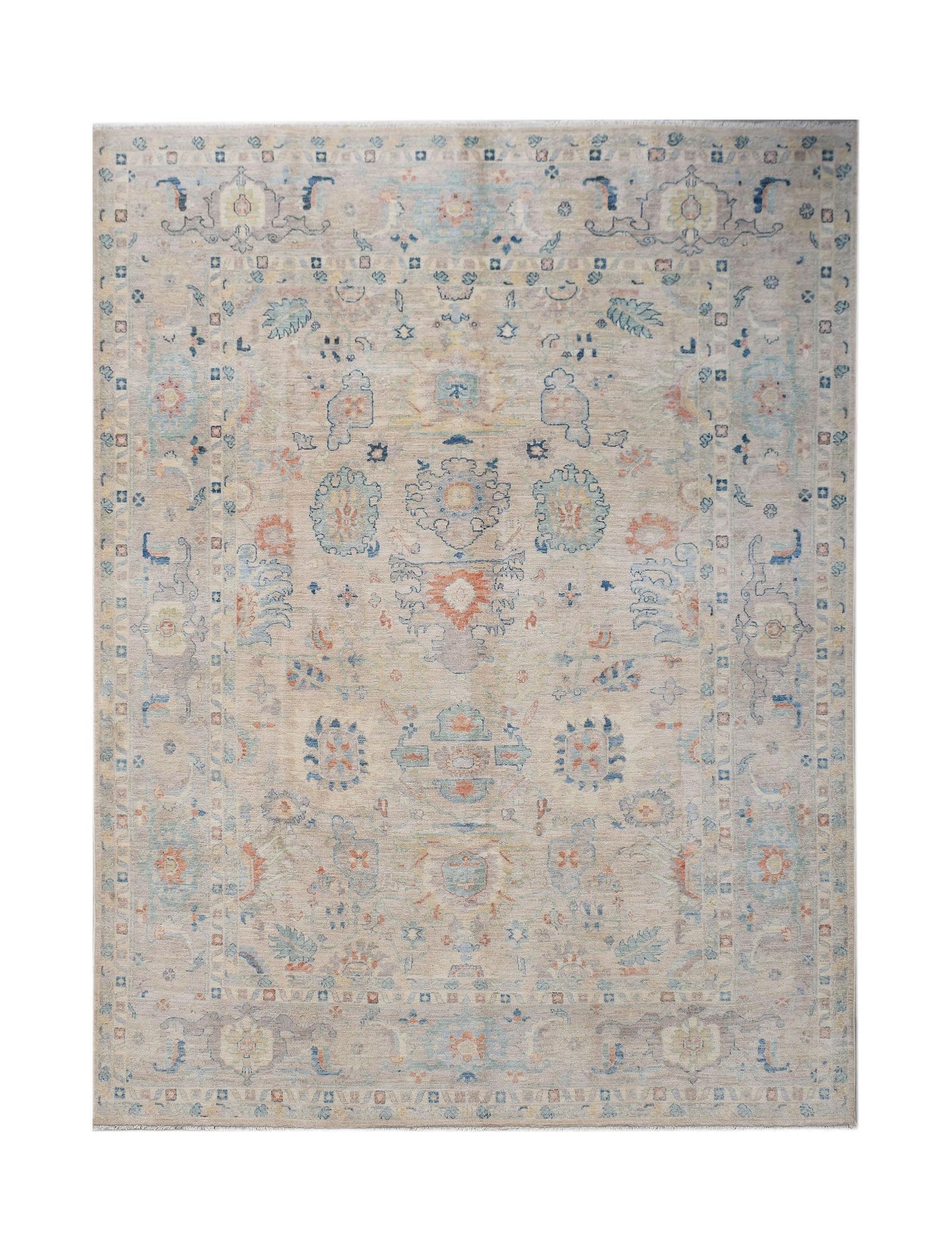 A handwoven transitional Oushak rug featuring a floral pattern in soft blue and orange tones.