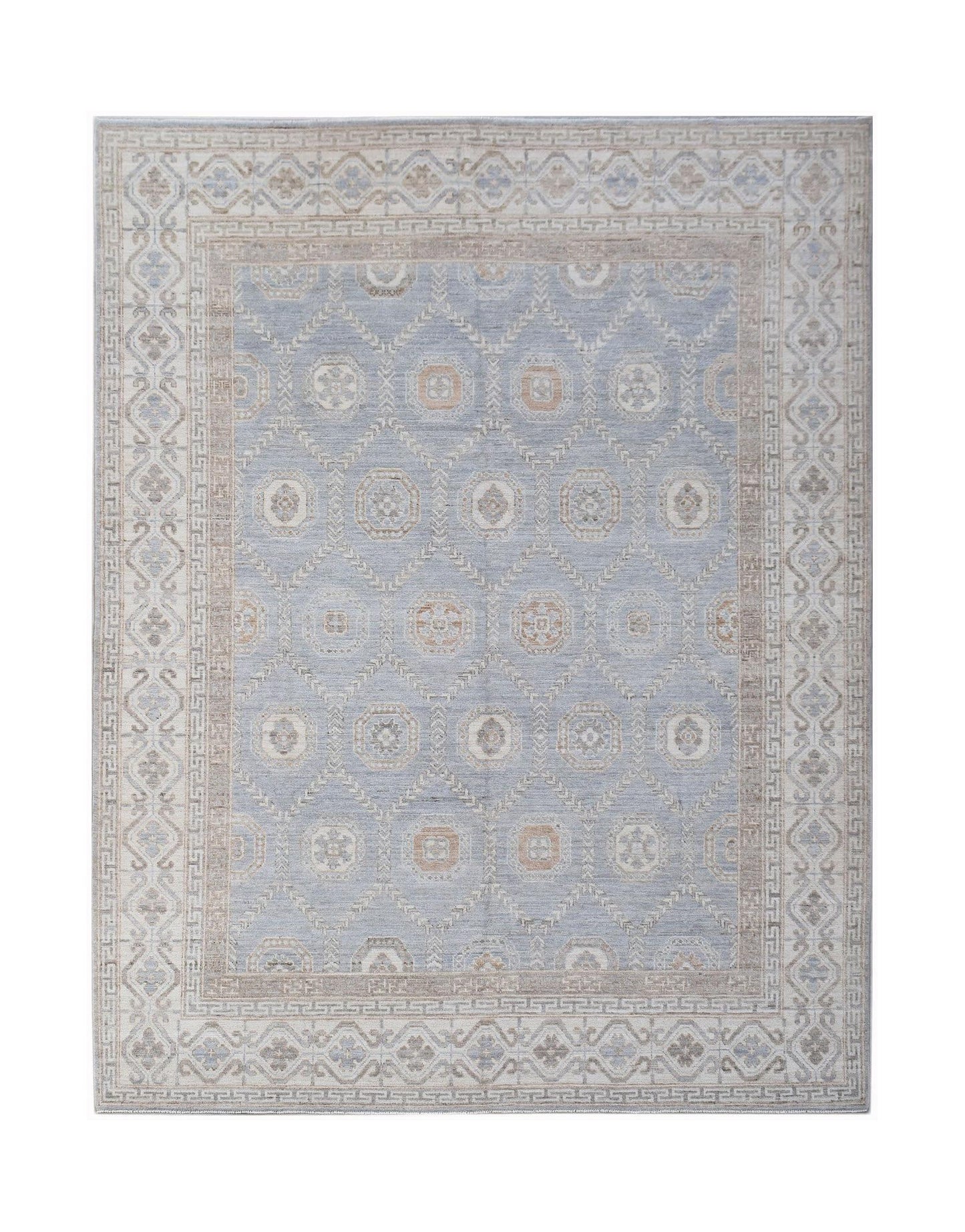 A handwoven transitional Oushak rug featuring a light blue field with a geometric floral pattern.