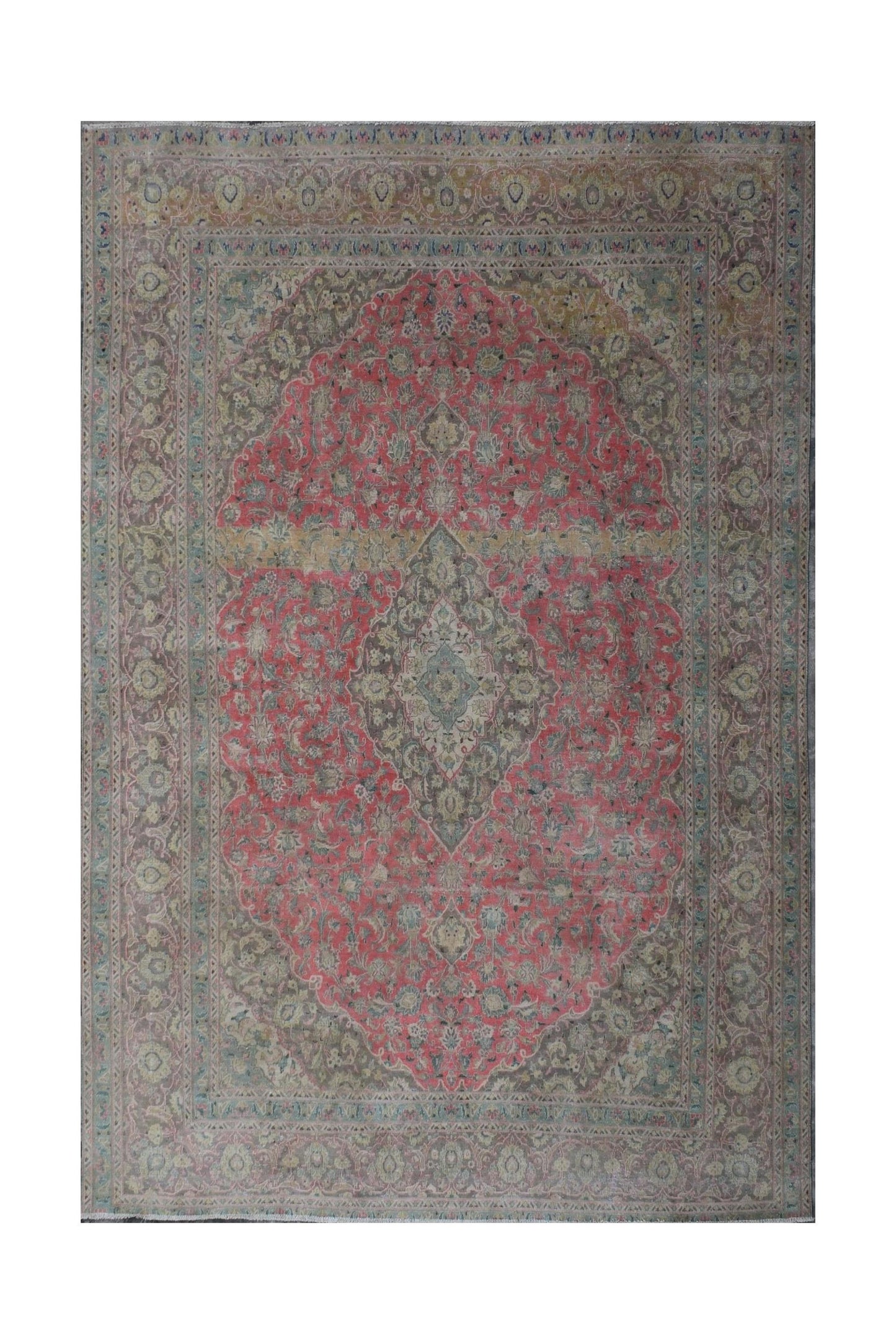 A vintage handwoven Persian Kashan rug featuring a central floral medallion in red and muted tones.