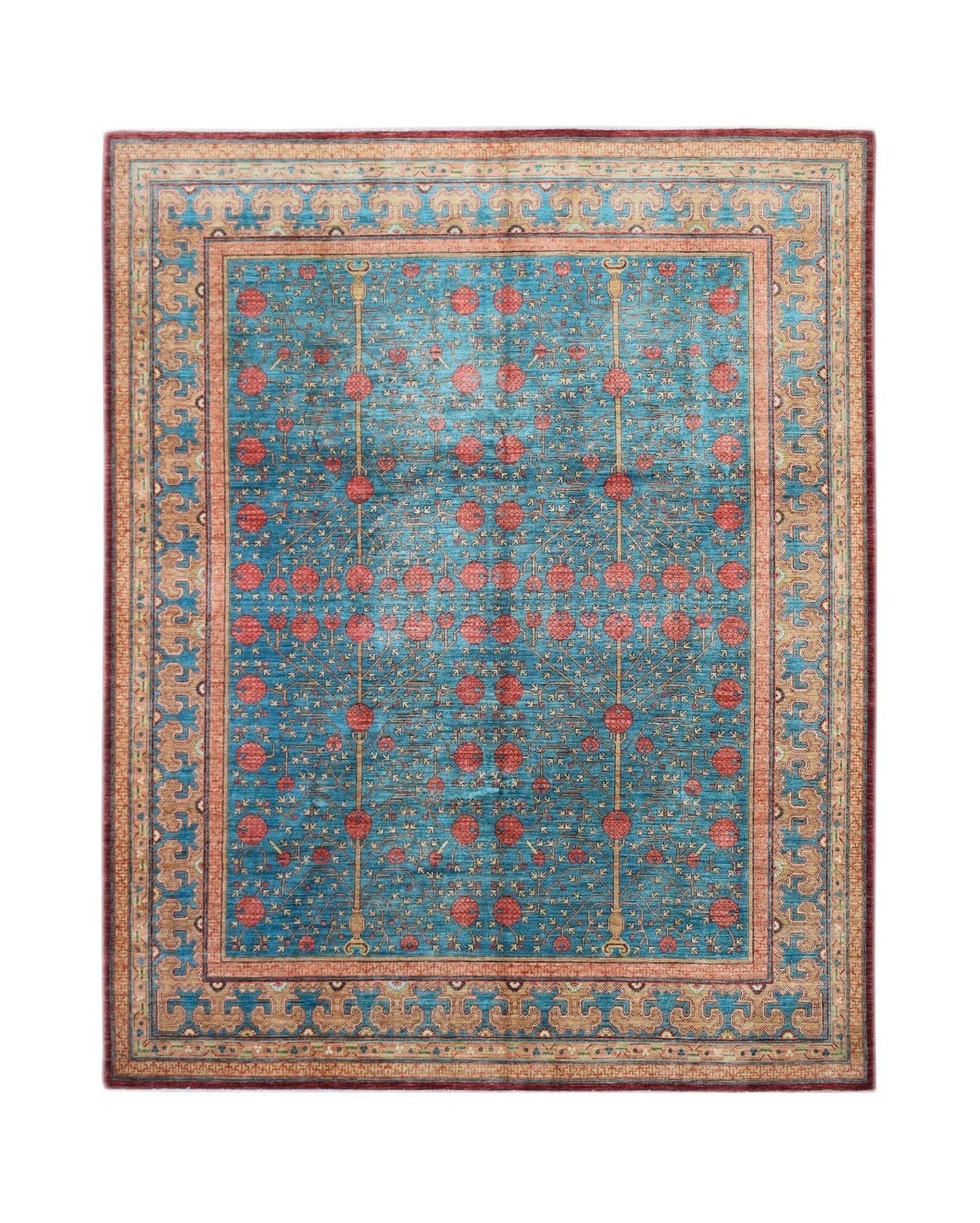 Handwoven Afghan Balkh rug featuring a blue field with red pomegranate motifs and ornate borders.