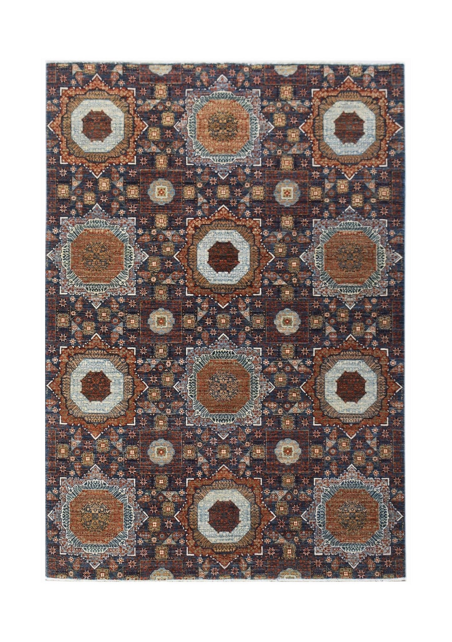 Handwoven Afghan Balkh rug featuring a traditional Mamluk medallion pattern in rust and blue tones.