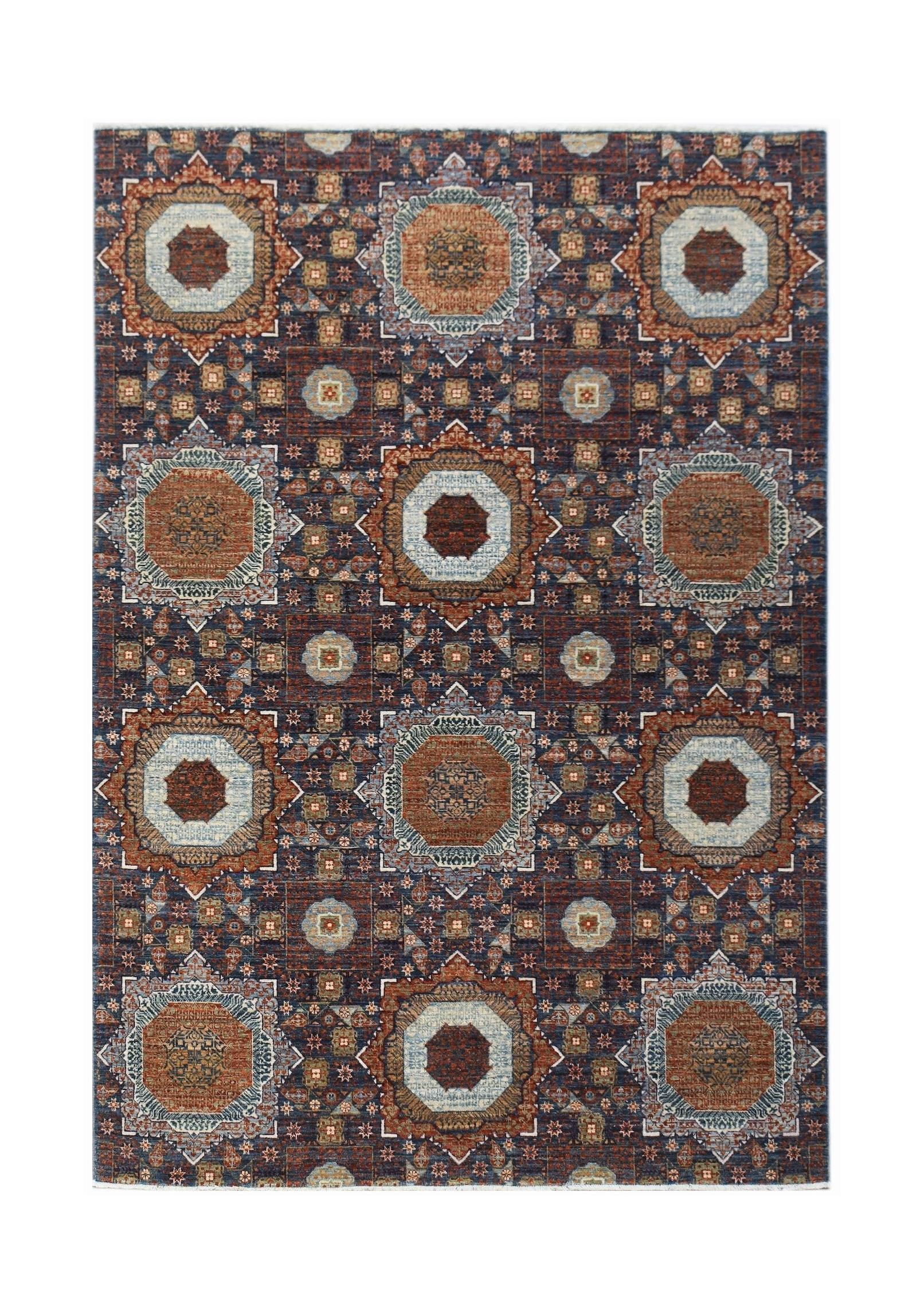 Handwoven Afghan Balkh rug featuring a traditional Mamluk medallion pattern in rust and blue tones.