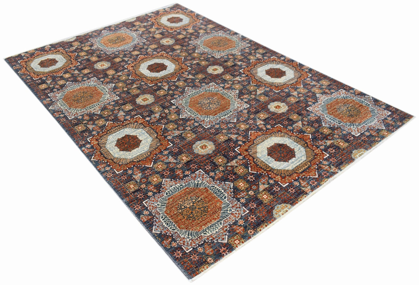 Handwoven Afghan Balkh rug featuring a traditional Mamluk pattern in blue and rust tones.