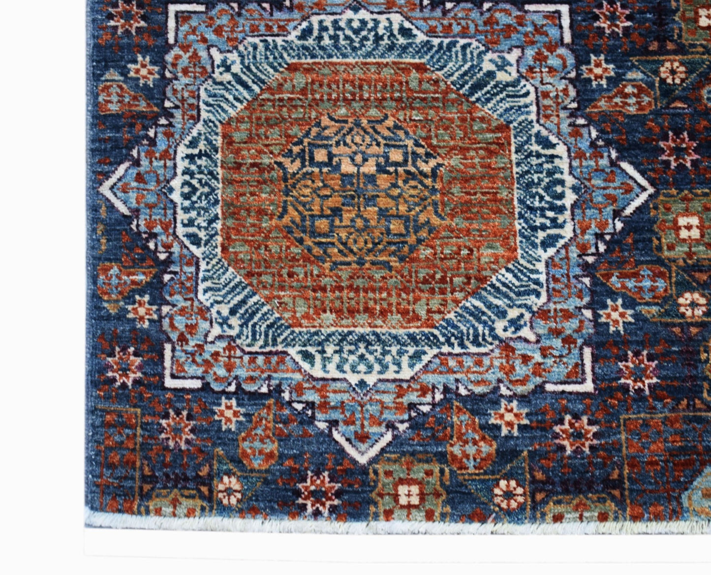 Handwoven Afghan Balkh rug featuring a detailed Mamluk medallion in blue, red, and orange tones.