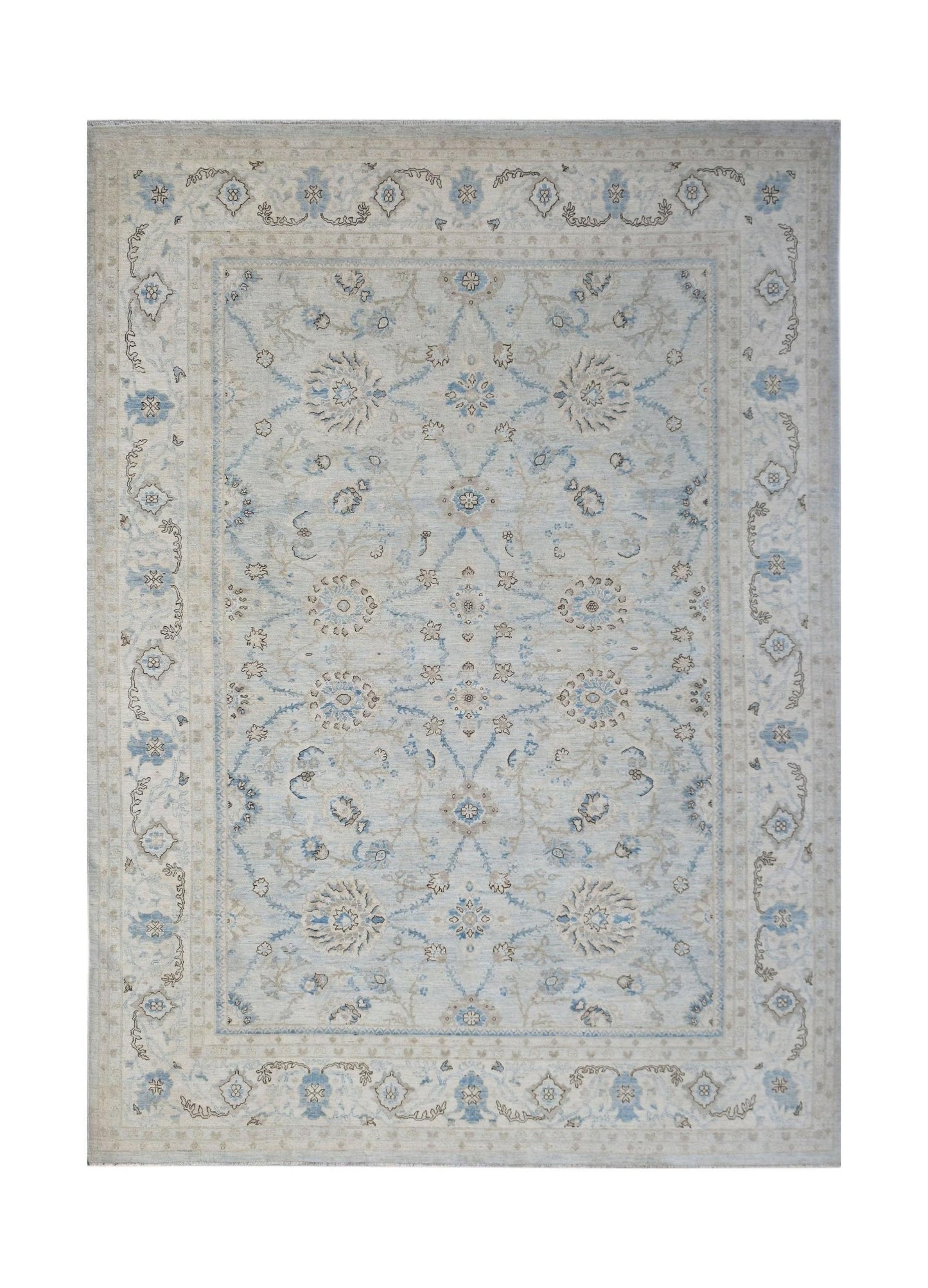 A rectangular Afghan Balkh rug featuring a traditional Mamluk pattern in soft blue and beige tones.