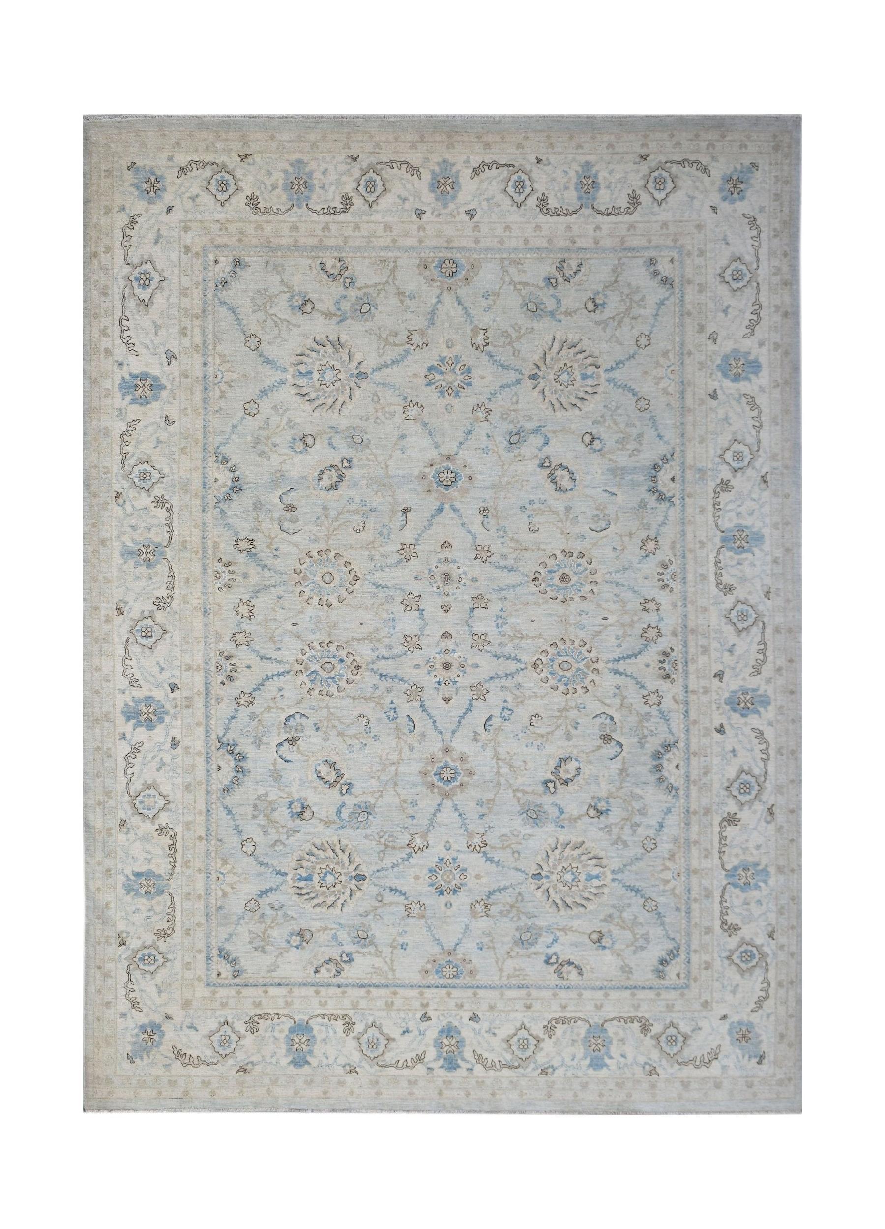 A rectangular Afghan Balkh rug featuring a traditional Mamluk pattern in soft blue and beige tones.