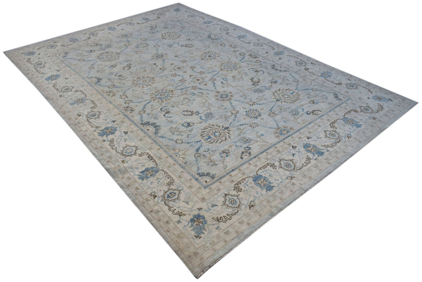 A handwoven Afghan Balkh rug featuring a traditional Mamluk pattern in soft blue and beige tones.