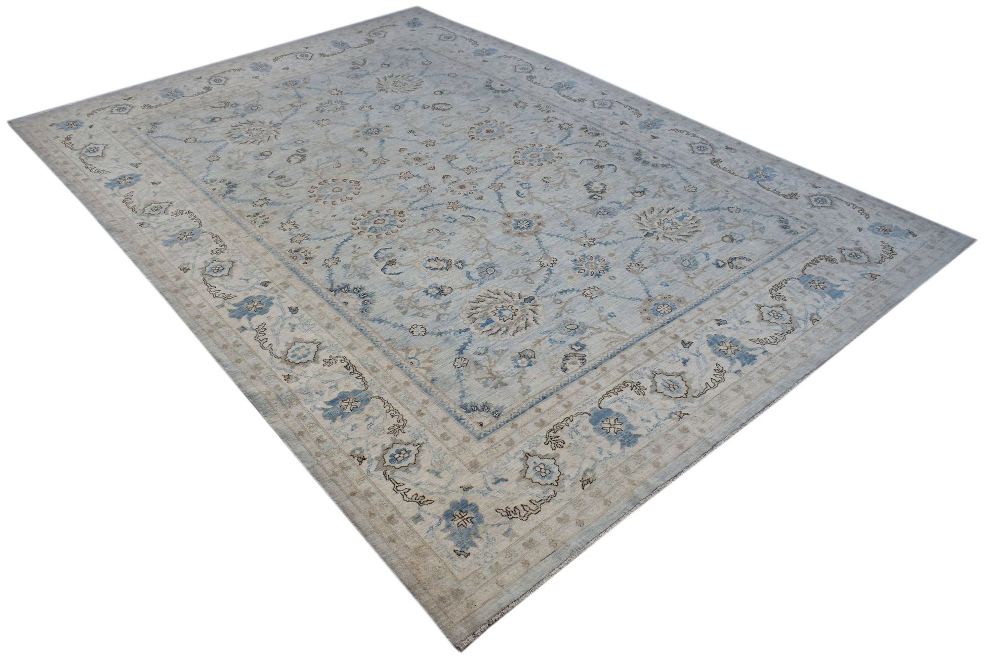 A handwoven Afghan Balkh rug featuring a traditional Mamluk pattern in soft blue and beige tones.