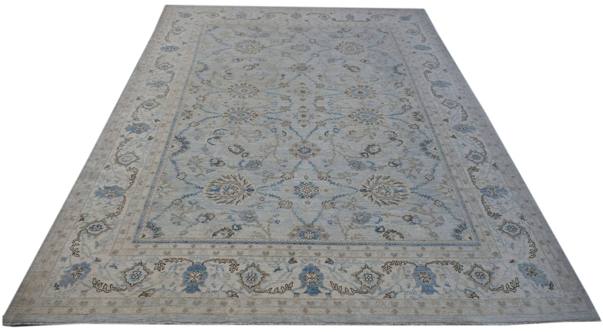 A handwoven Afghan Balkh rug featuring a traditional Mamluk pattern in blue and beige tones.