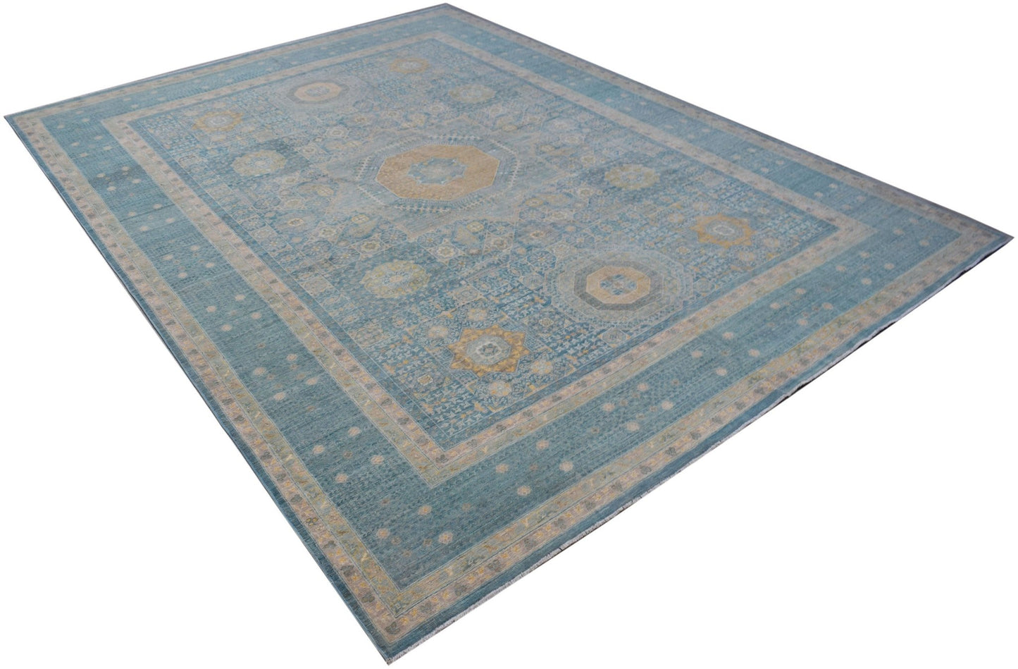 A handwoven Afghan Balkh rug featuring a blue field with intricate Mamluk medallion patterns.