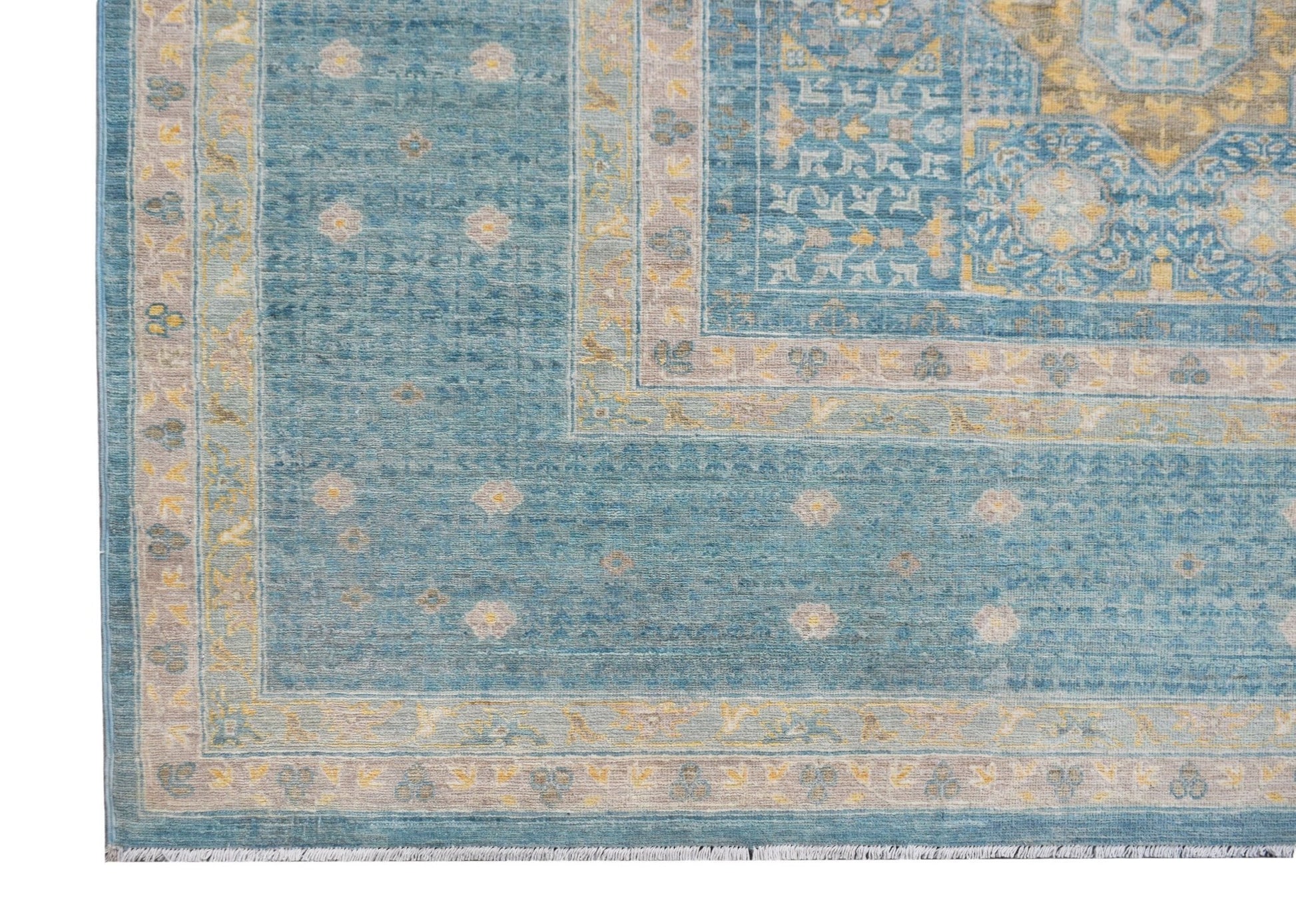 A handwoven Afghan Balkh rug featuring a blue field with a detailed Mamluk medallion pattern.