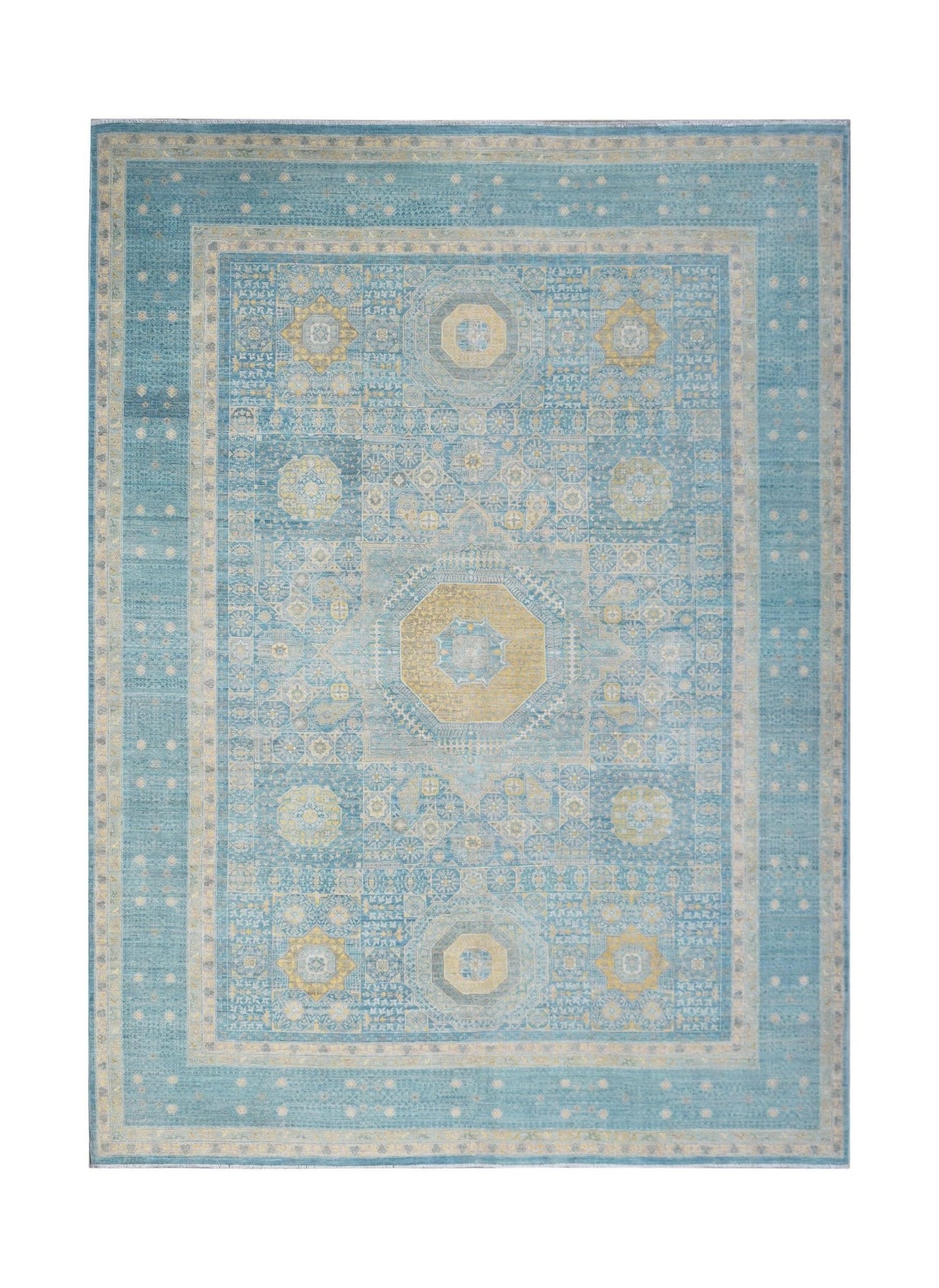 A handwoven Afghan Balkh rug featuring a blue field with a traditional Mamluk medallion pattern.