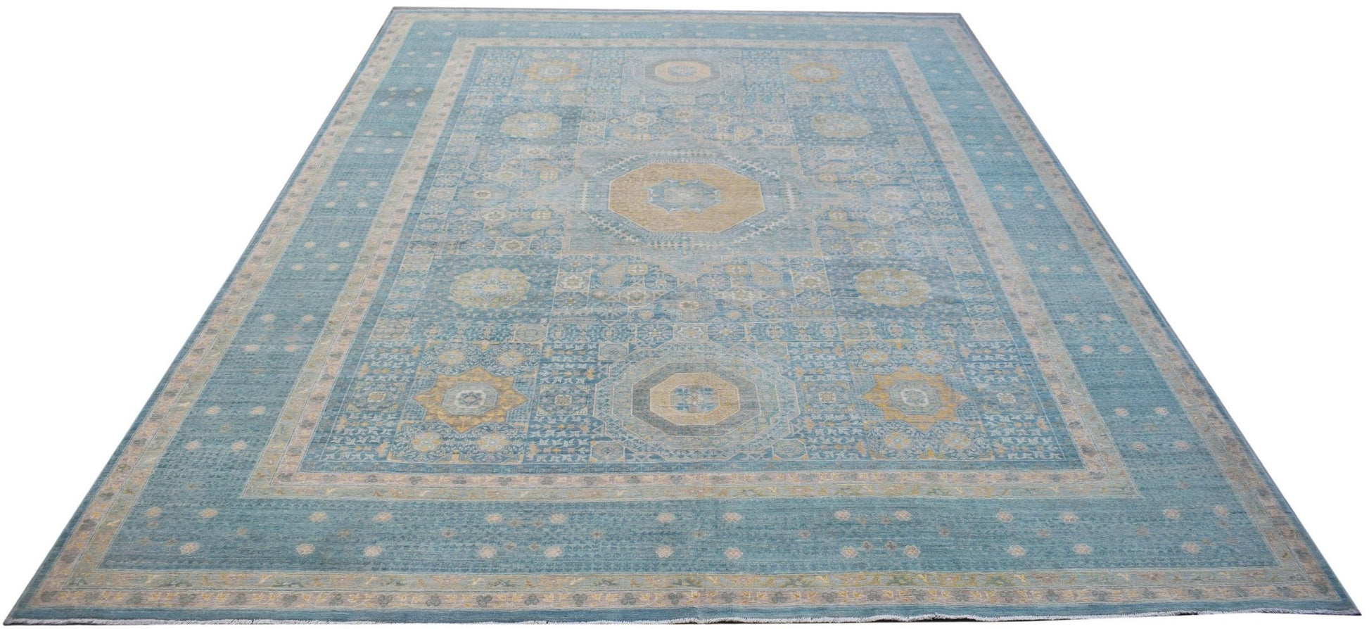 A rectangular handwoven Afghan Balkh rug featuring a blue field with intricate Mamluk medallions.