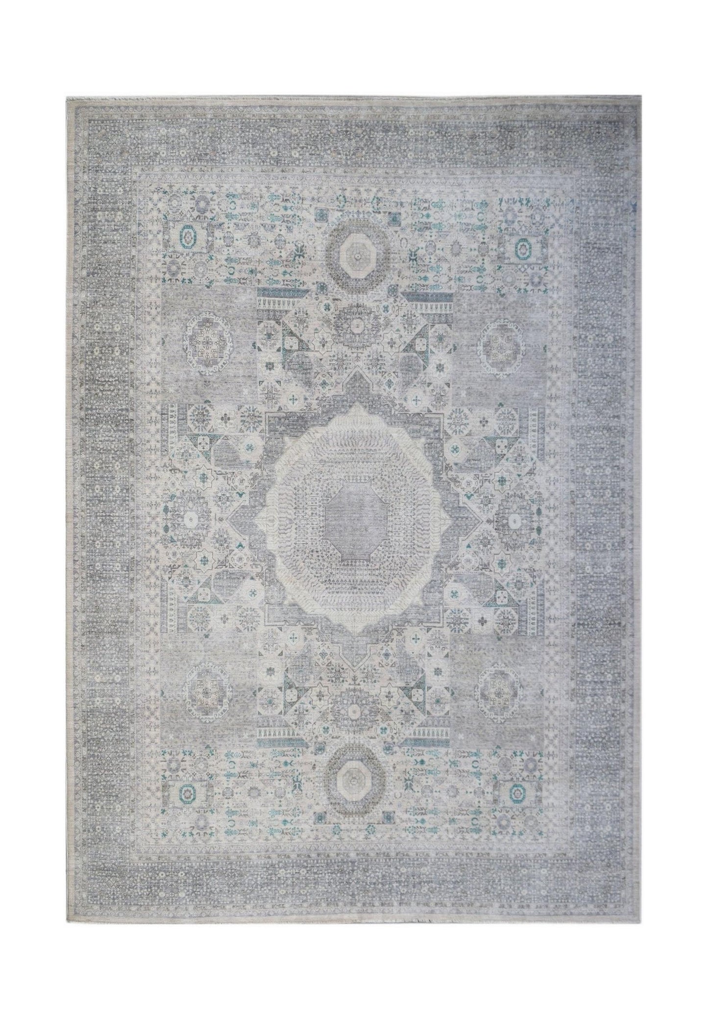 A handwoven Afghan Balkh rug featuring a detailed Mamluk medallion pattern in shades of grey.