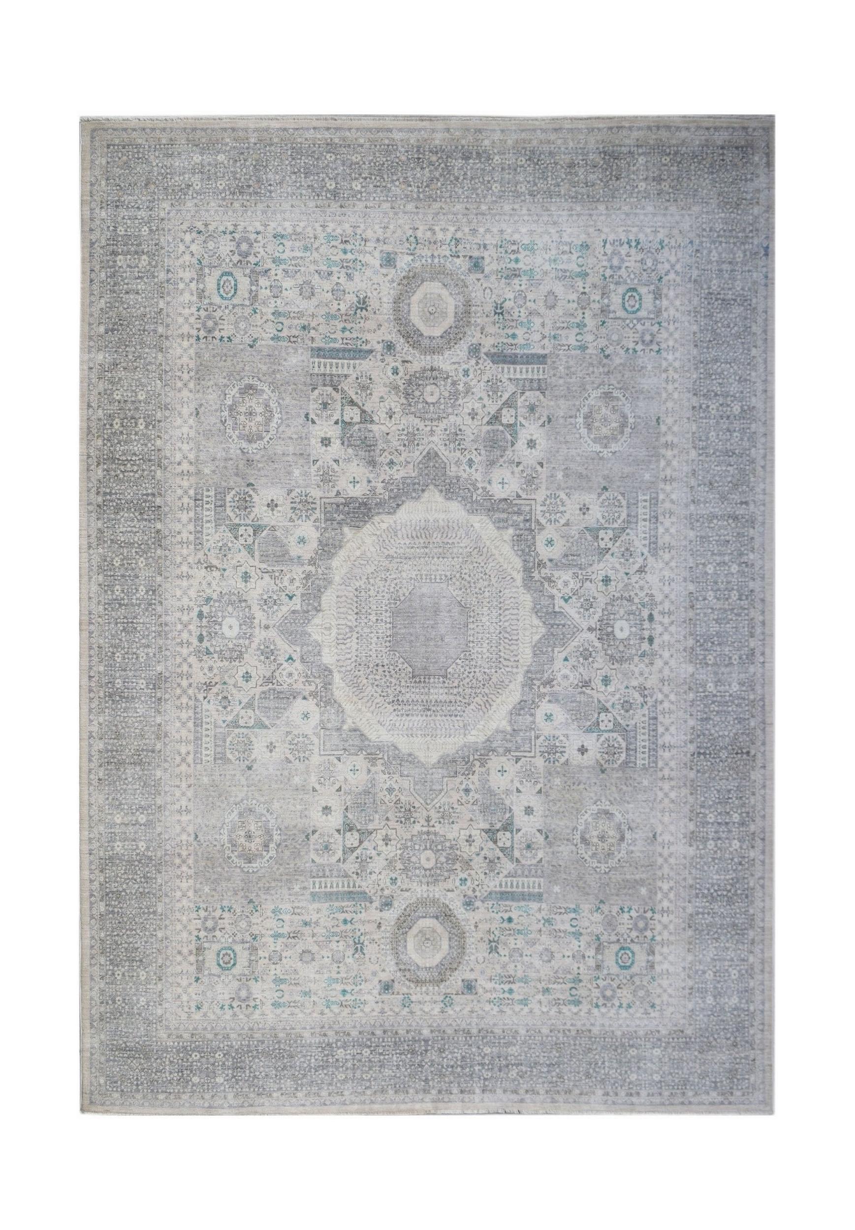 A handwoven Afghan Balkh rug featuring a detailed Mamluk medallion pattern in shades of grey.