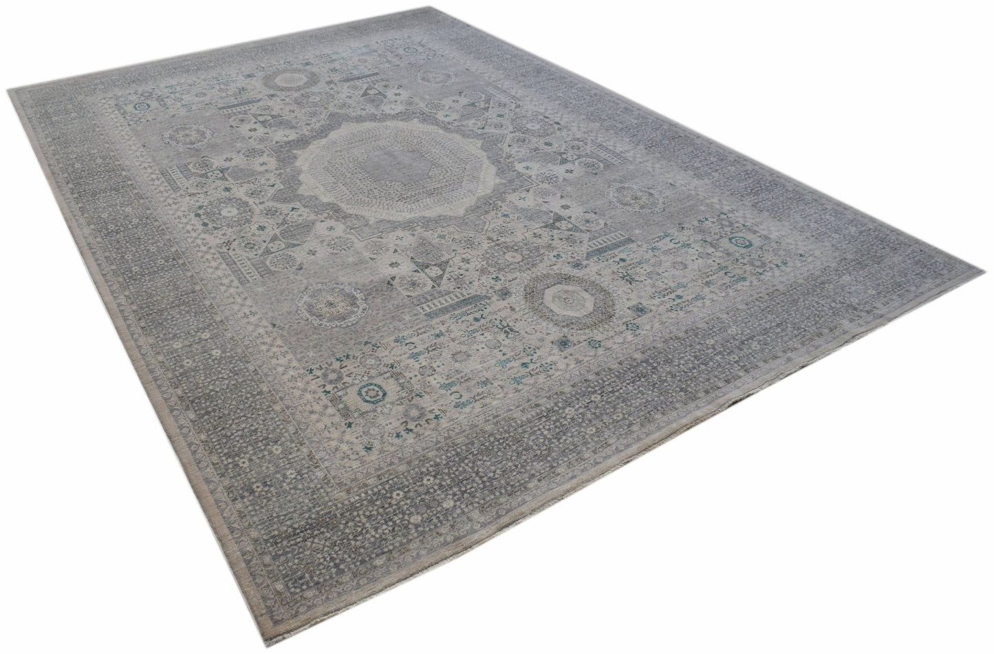 A handwoven Afghan Balkh rug featuring a detailed Mamluk medallion pattern in shades of grey.