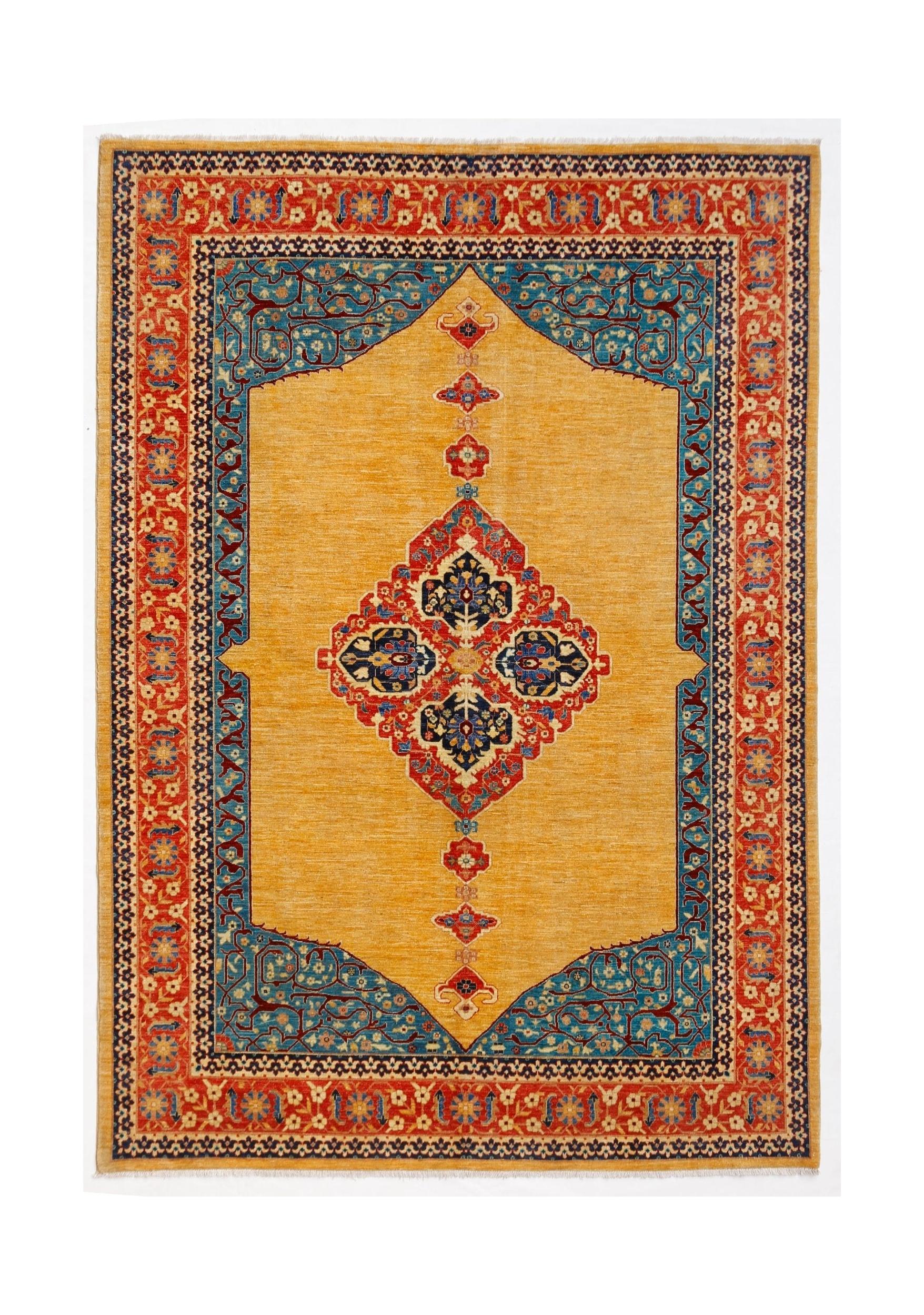 A rectangular Afghan Balkh rug featuring a central medallion on a golden field with blue borders.