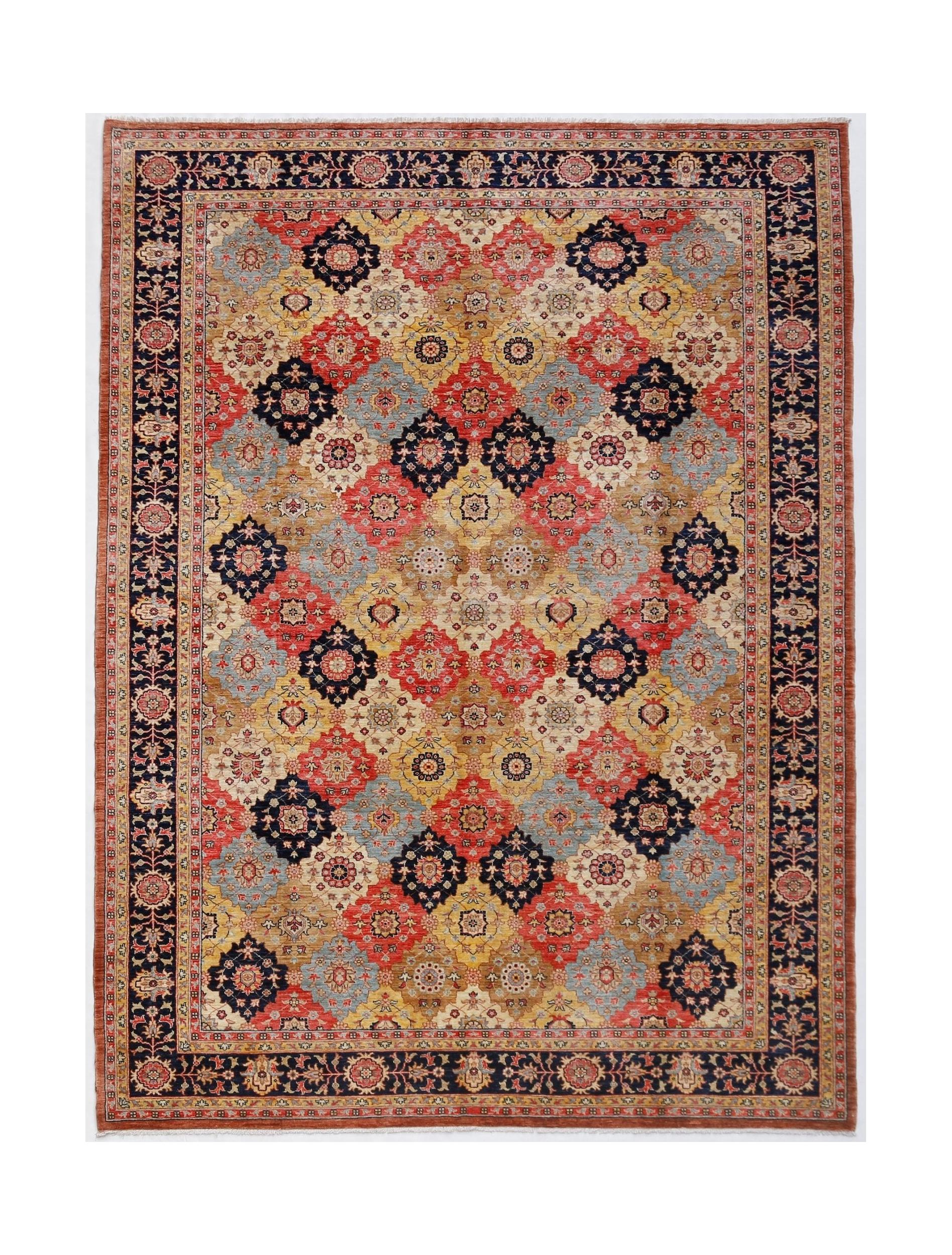 Handwoven Afghan Balkh rug featuring a geometric floral pattern in red, blue, and gold tones.