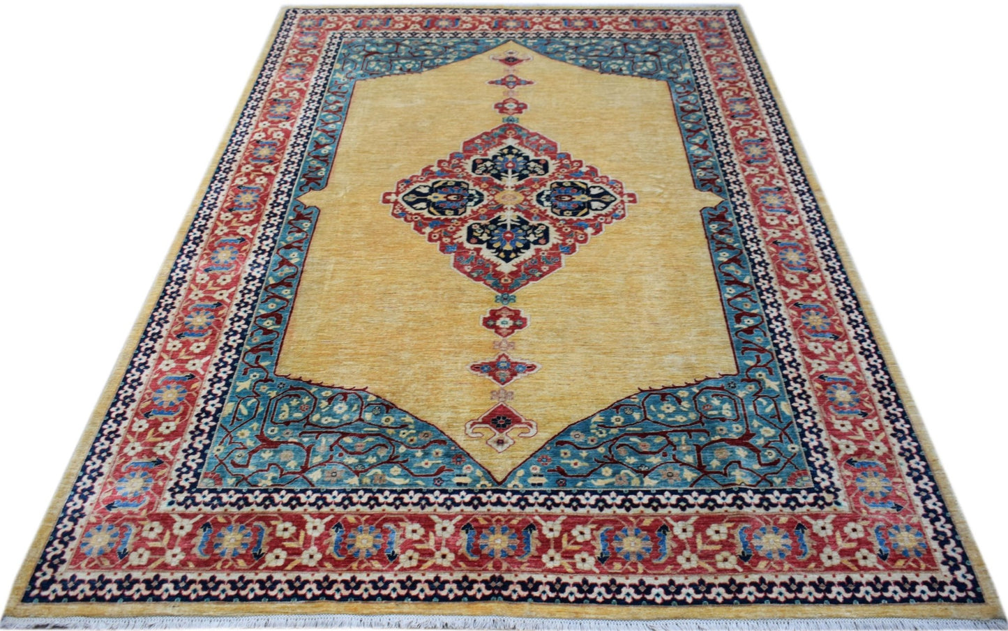 Handwoven Afghan Balkh rug featuring a central medallion on a yellow field with blue and red borders.