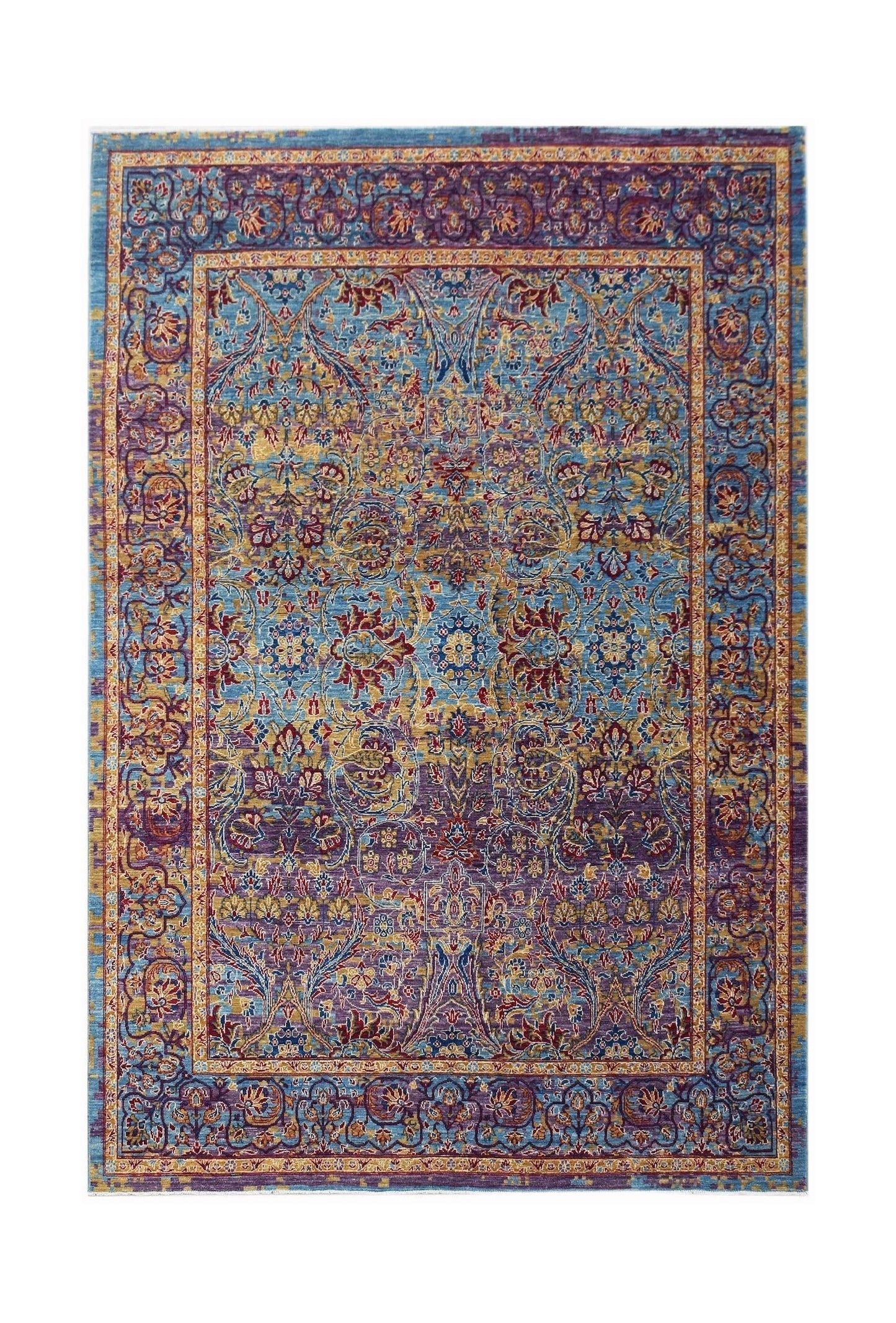 Handwoven Afghan Chobi rug featuring an intricate floral pattern in blue, purple, and gold tones.