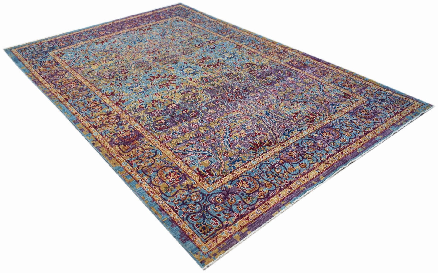 A rectangular Afghan Chobi rug featuring a traditional floral pattern in blue, purple, and gold.