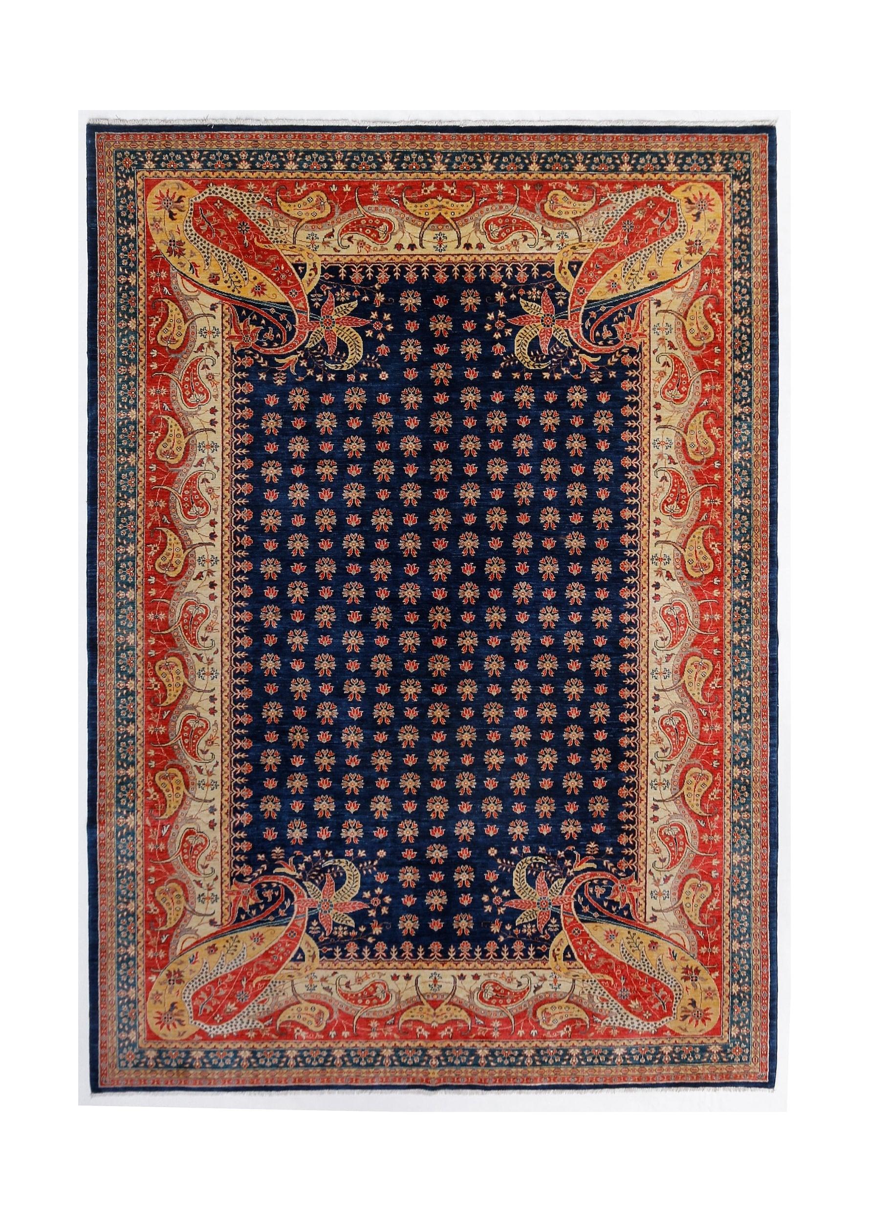 A rectangular Afghan Balkh rug featuring a dark blue field with floral motifs and ornate borders.