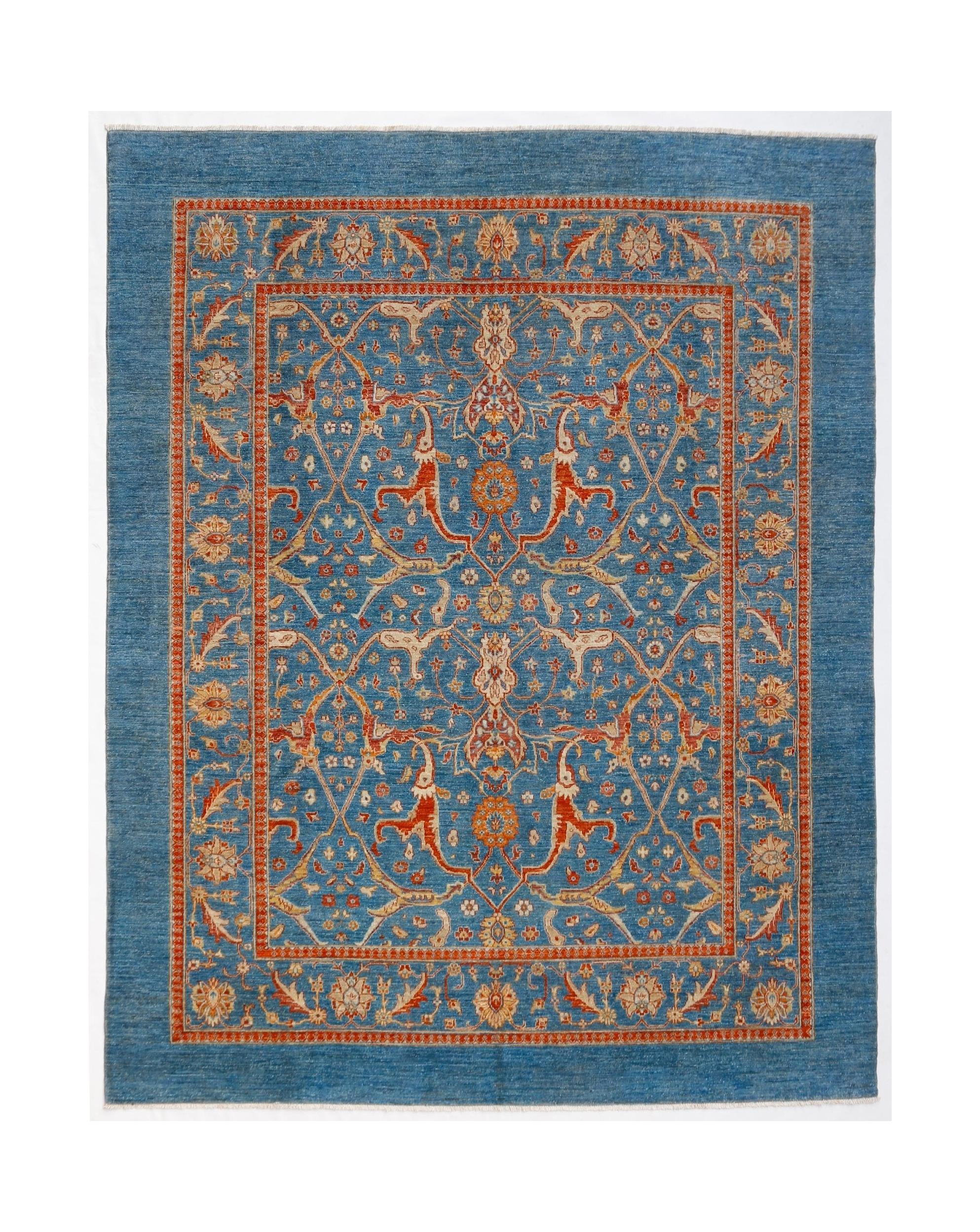Handwoven Afghan Balkh rug featuring a traditional floral pattern in blue, red, and cream tones.