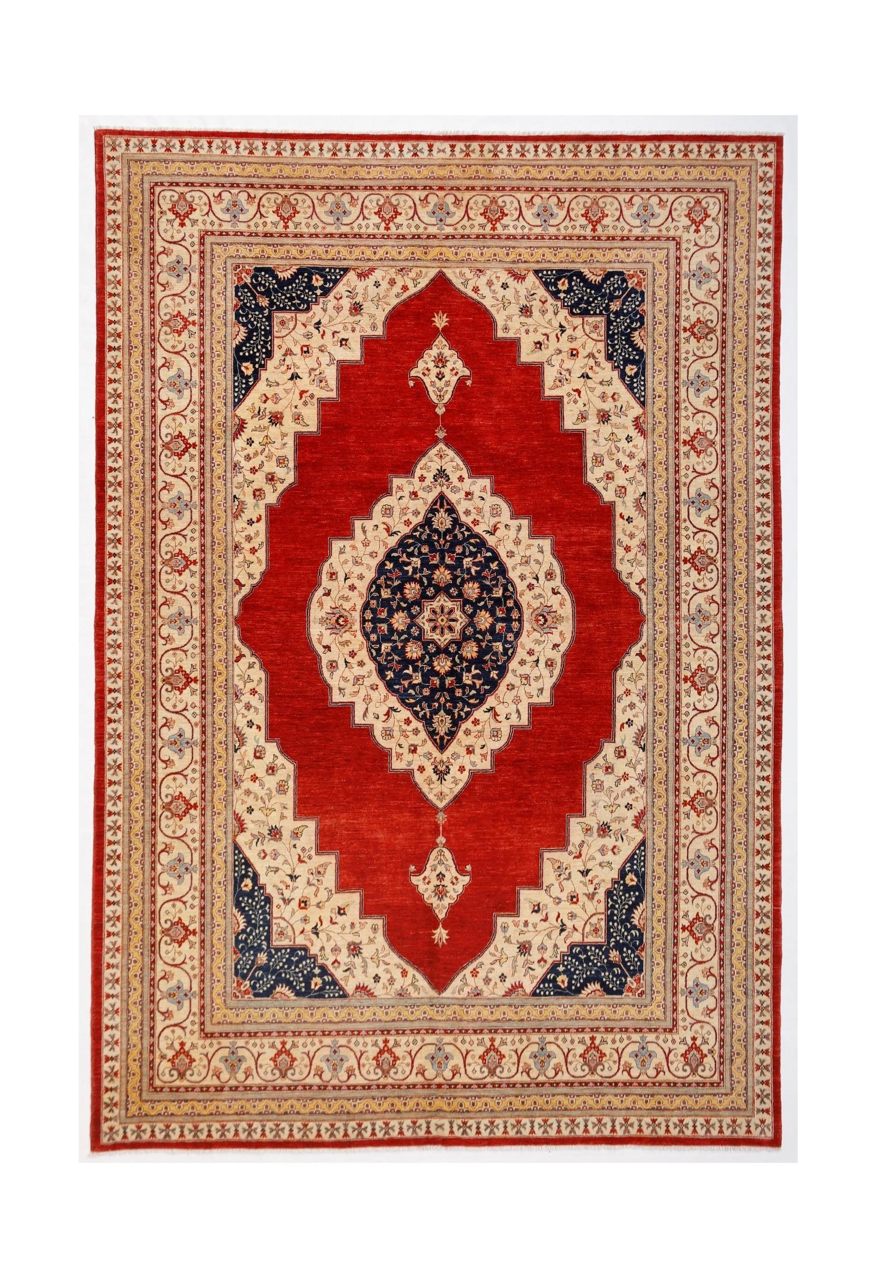 A rectangular Afghan Balkh rug featuring a central navy medallion on a red field with floral motifs.