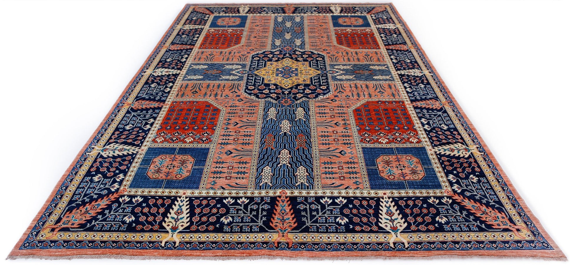 An Afghan Balkh rug featuring a traditional geometric pattern in shades of blue, red, and gold.