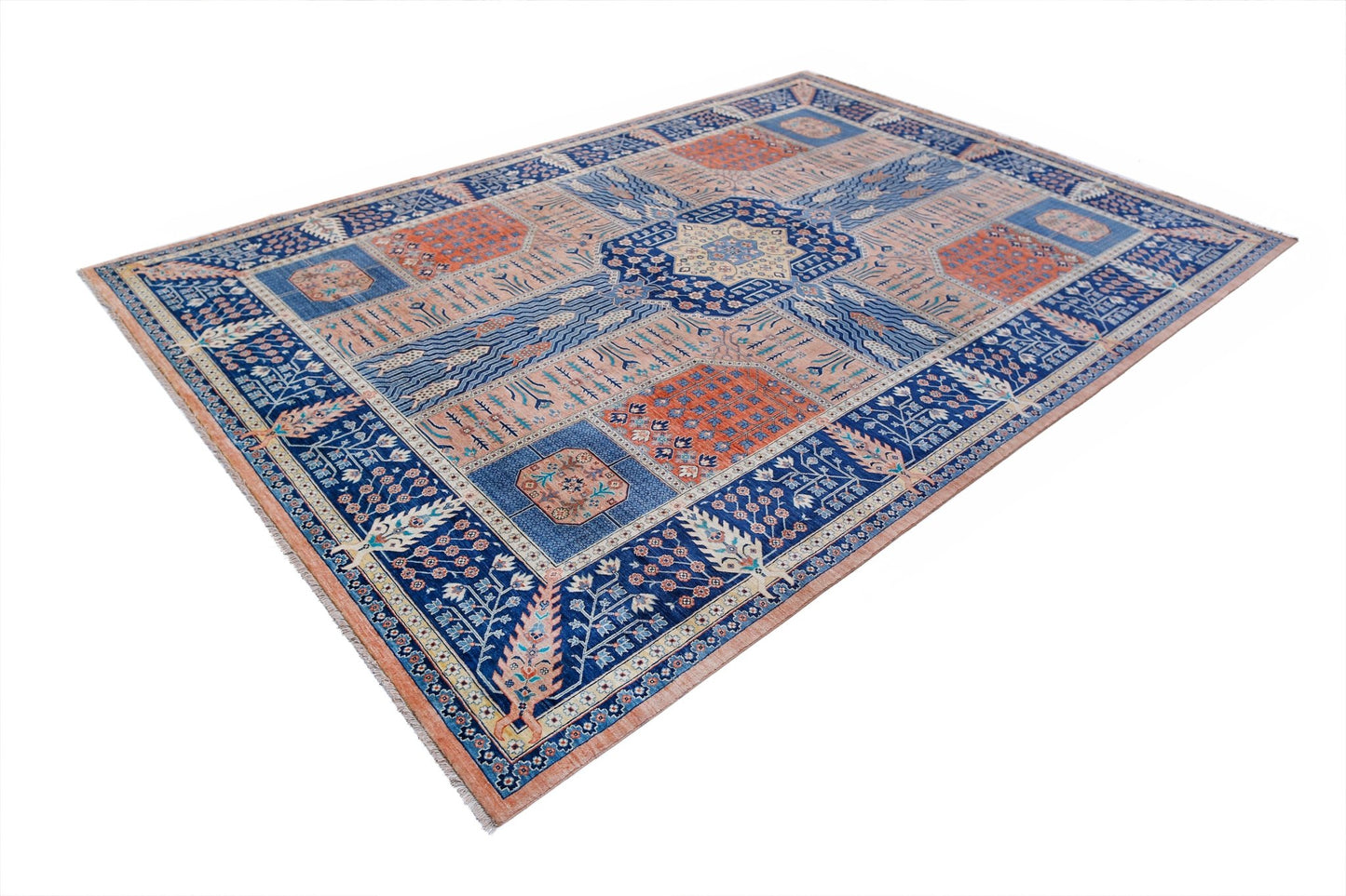 A rectangular Afghan Balkh rug featuring a geometric pattern in shades of blue, orange, and cream.