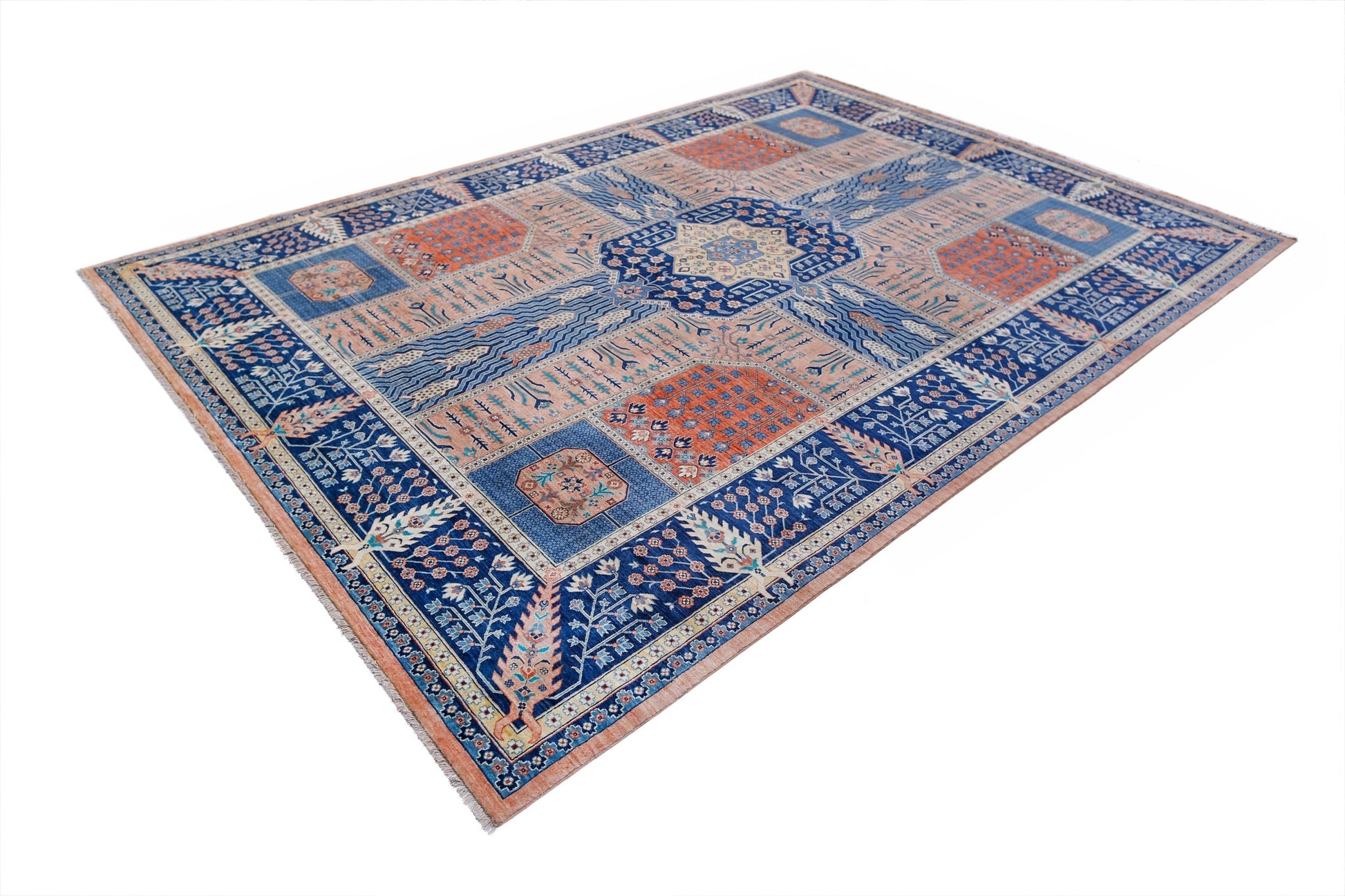 A rectangular Afghan Balkh rug featuring a geometric pattern in shades of blue, orange, and cream.