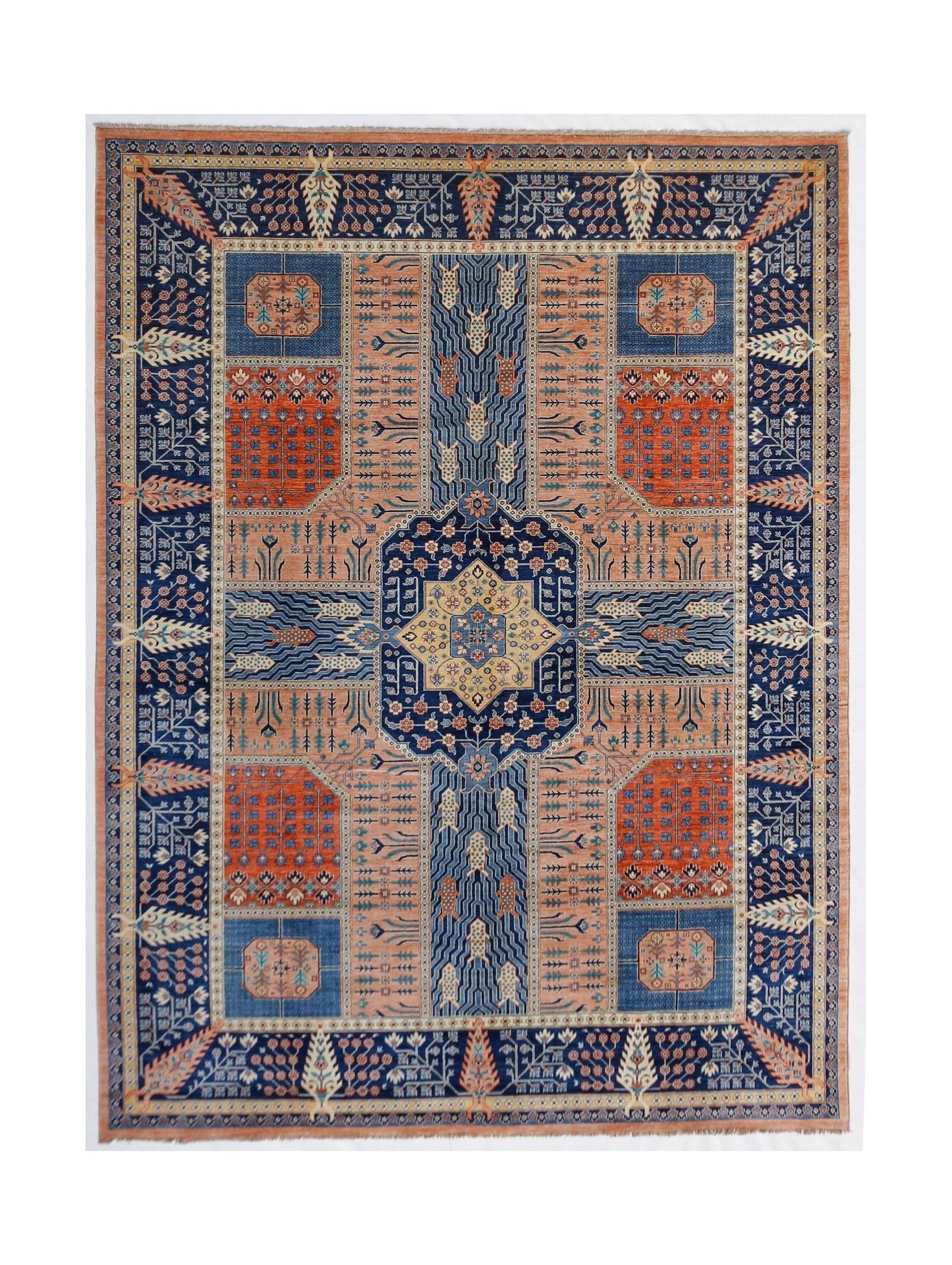 A rectangular Afghan Balkh rug featuring a geometric pattern in blue, orange, and cream tones.