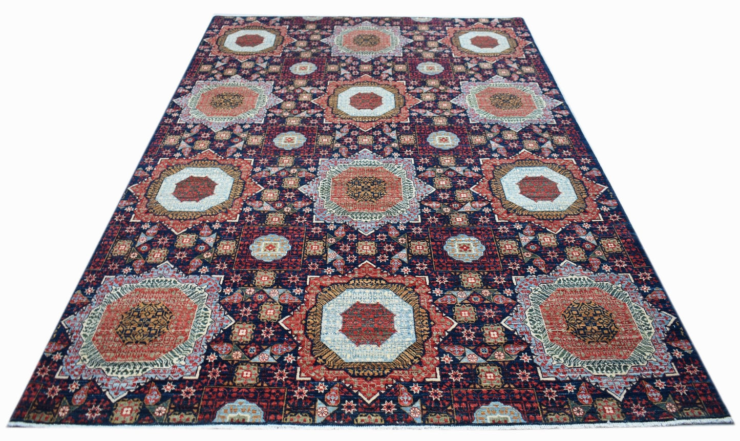 Handwoven Afghan Balkh rug featuring a traditional Mamluk medallion pattern in wool.