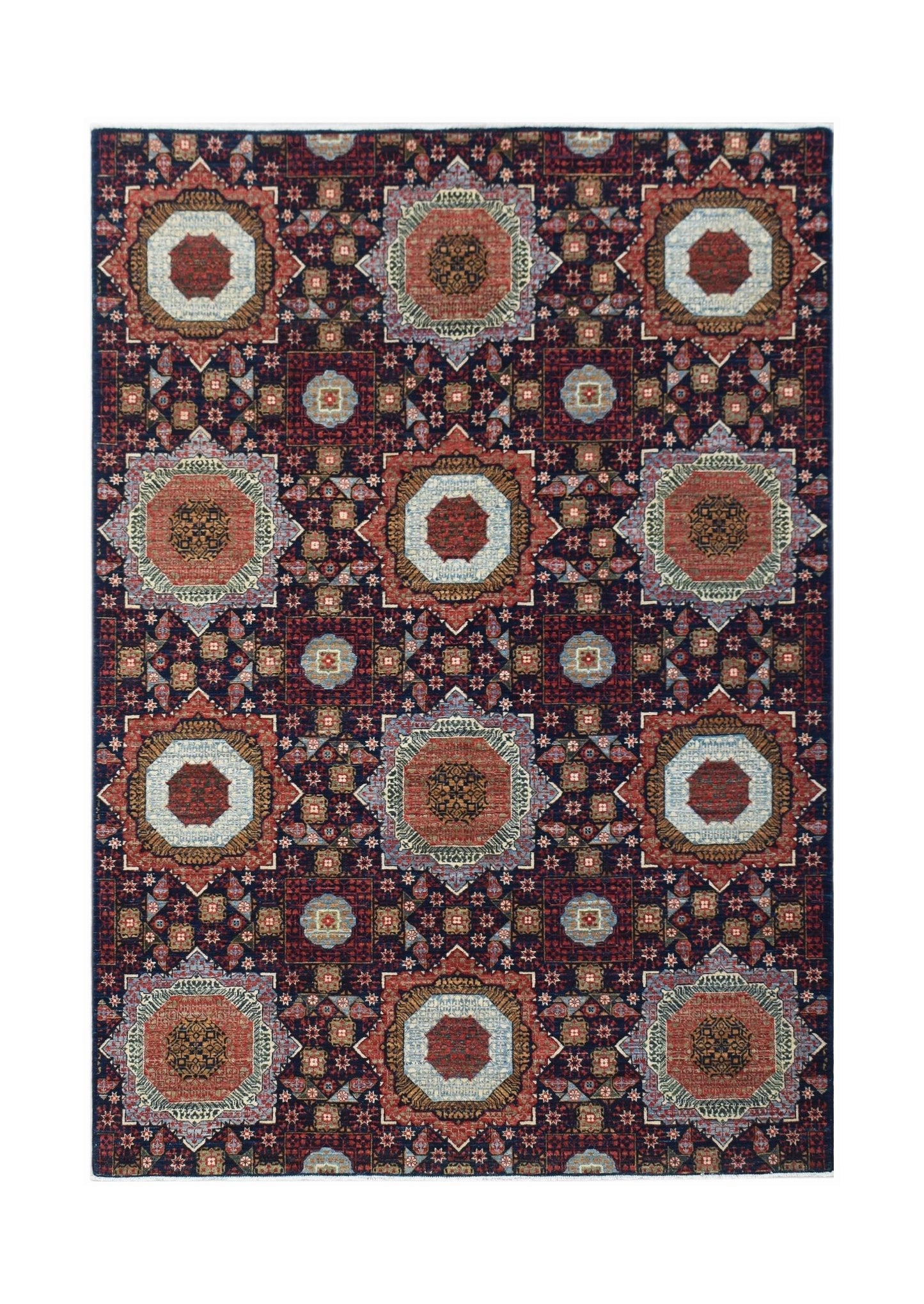 Handwoven Afghan Balkh rug featuring a traditional Mamluk medallion pattern in earthy tones.