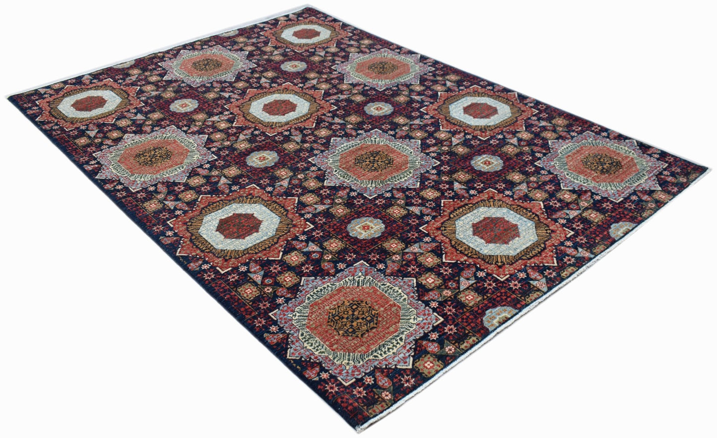 Handwoven Afghan Balkh rug featuring a traditional Mamluk medallion pattern in deep red and blue.
