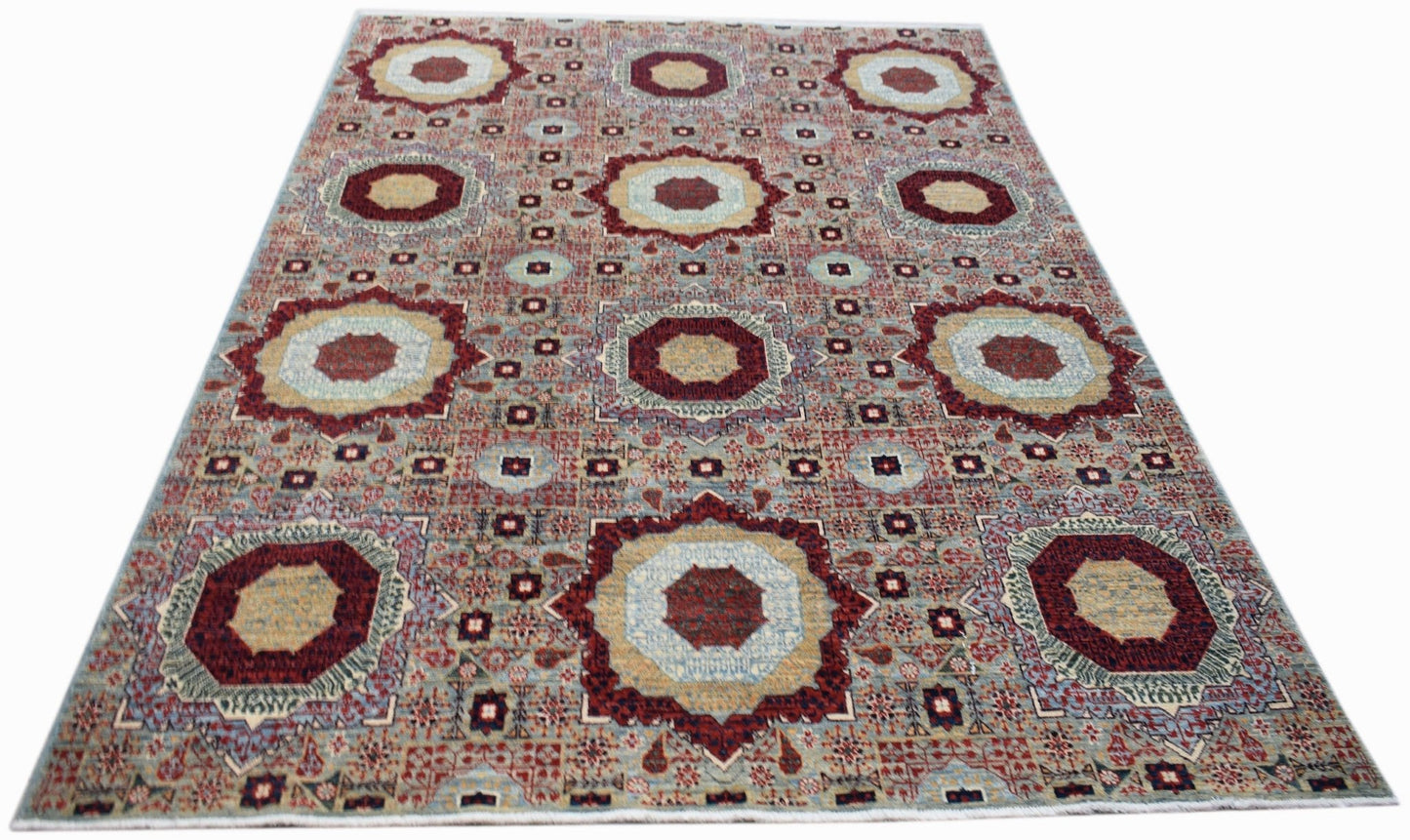 Handwoven Afghan Balkh rug featuring a traditional Mamluk medallion pattern in red and blue tones.
