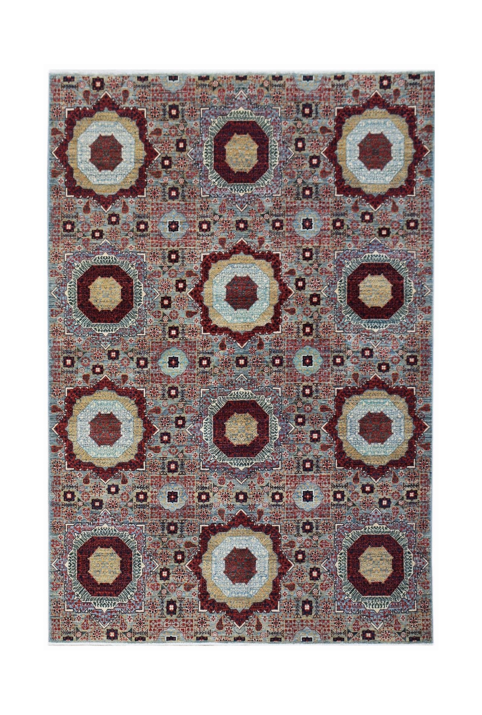 Handwoven Afghan Balkh rug featuring a traditional Mamluk medallion pattern in red and blue tones.