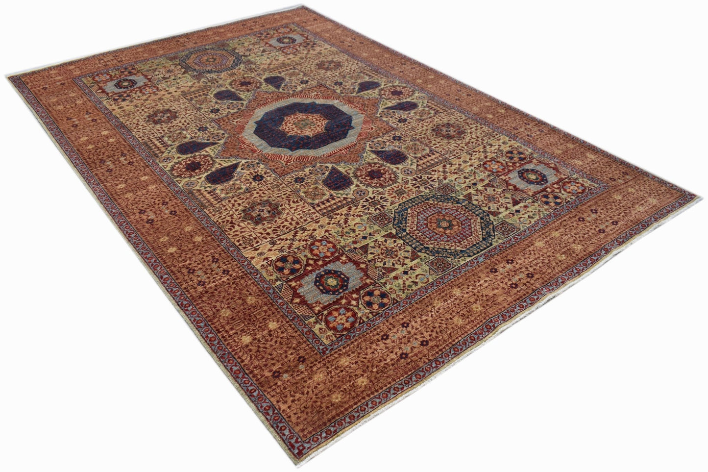 Handwoven Afghan Balkh rug featuring a traditional Mamluk medallion pattern in earthy tones.