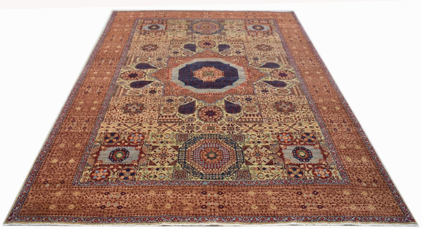 Handwoven Afghan Balkh rug featuring a traditional Mamluk medallion pattern in earthy tones.