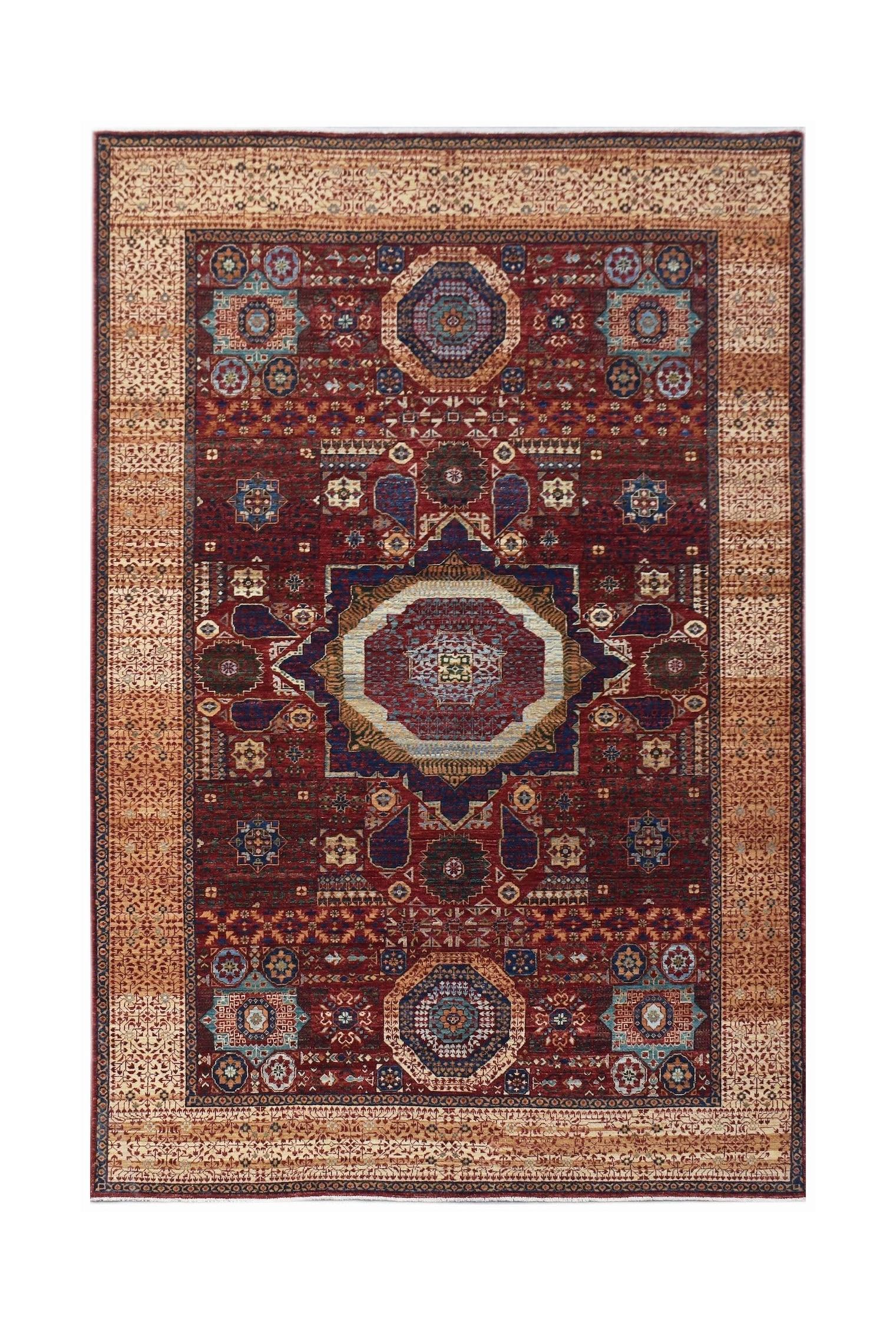 Handwoven Afghan Balkh rug featuring a traditional Mamluk medallion pattern in red and blue tones.