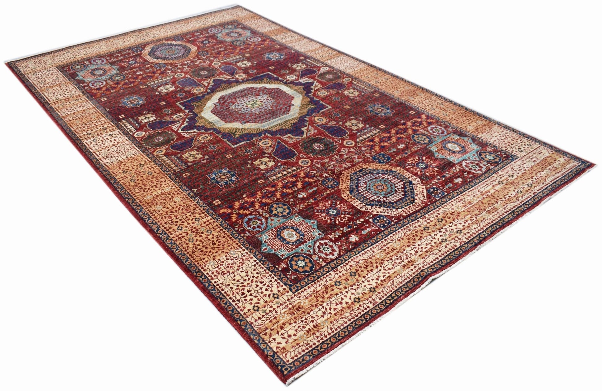 Handwoven Afghan Balkh rug featuring a traditional Mamluk medallion pattern in red and beige tones.