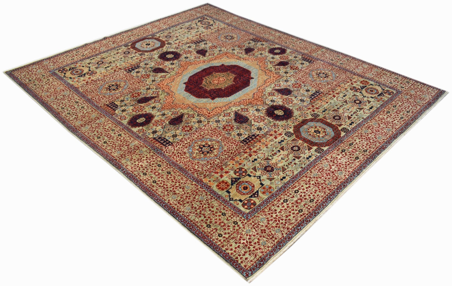 Handwoven Afghan Balkh rug featuring a detailed Mamluk medallion pattern in warm earthy tones.