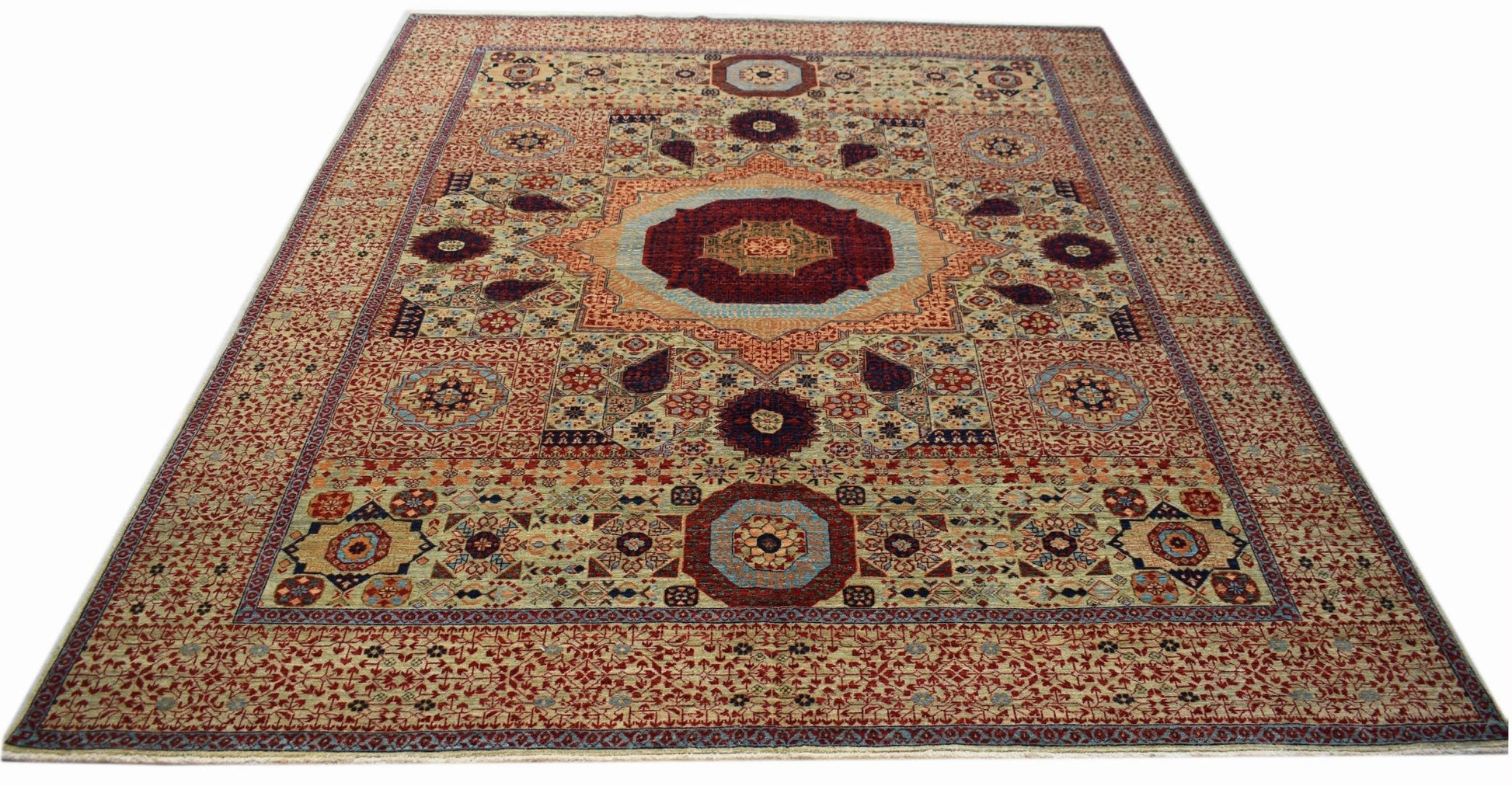 A handmade Afghan Balkh rug featuring a traditional Mamluk medallion pattern in wool.