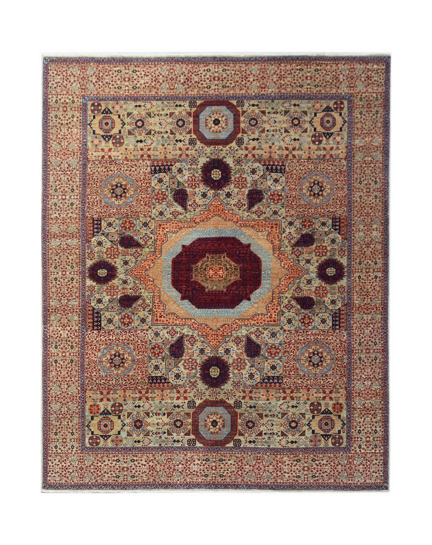 Handwoven Afghan Balkh rug featuring a traditional Mamluk medallion pattern in rich earth tones.