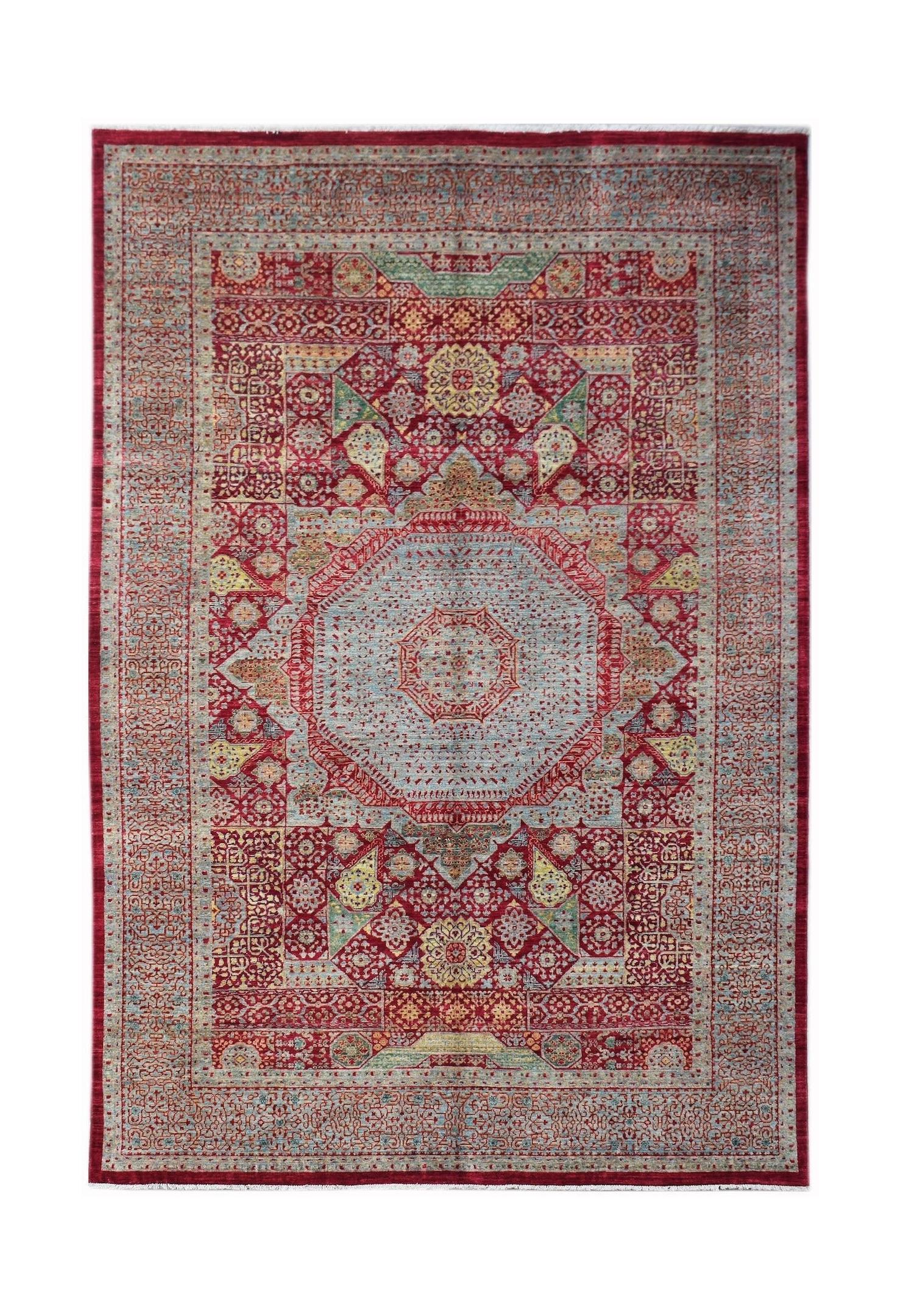 Handwoven Afghan Balkh rug featuring a traditional Mamluk medallion pattern in red and blue tones.